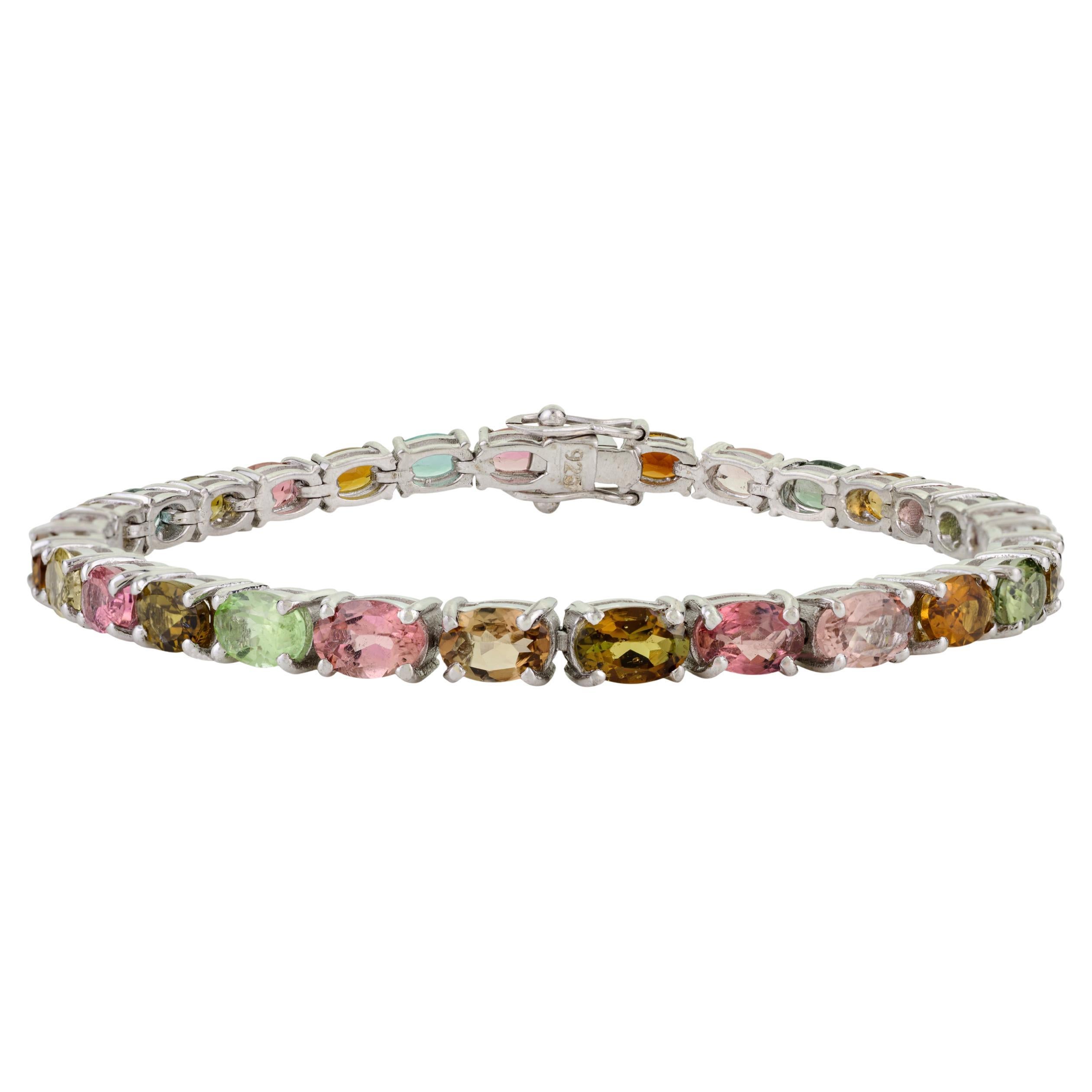 Bracciale tennis con taglio ovale con tormalina multipla naturale da 13,5 carati in A. Silver