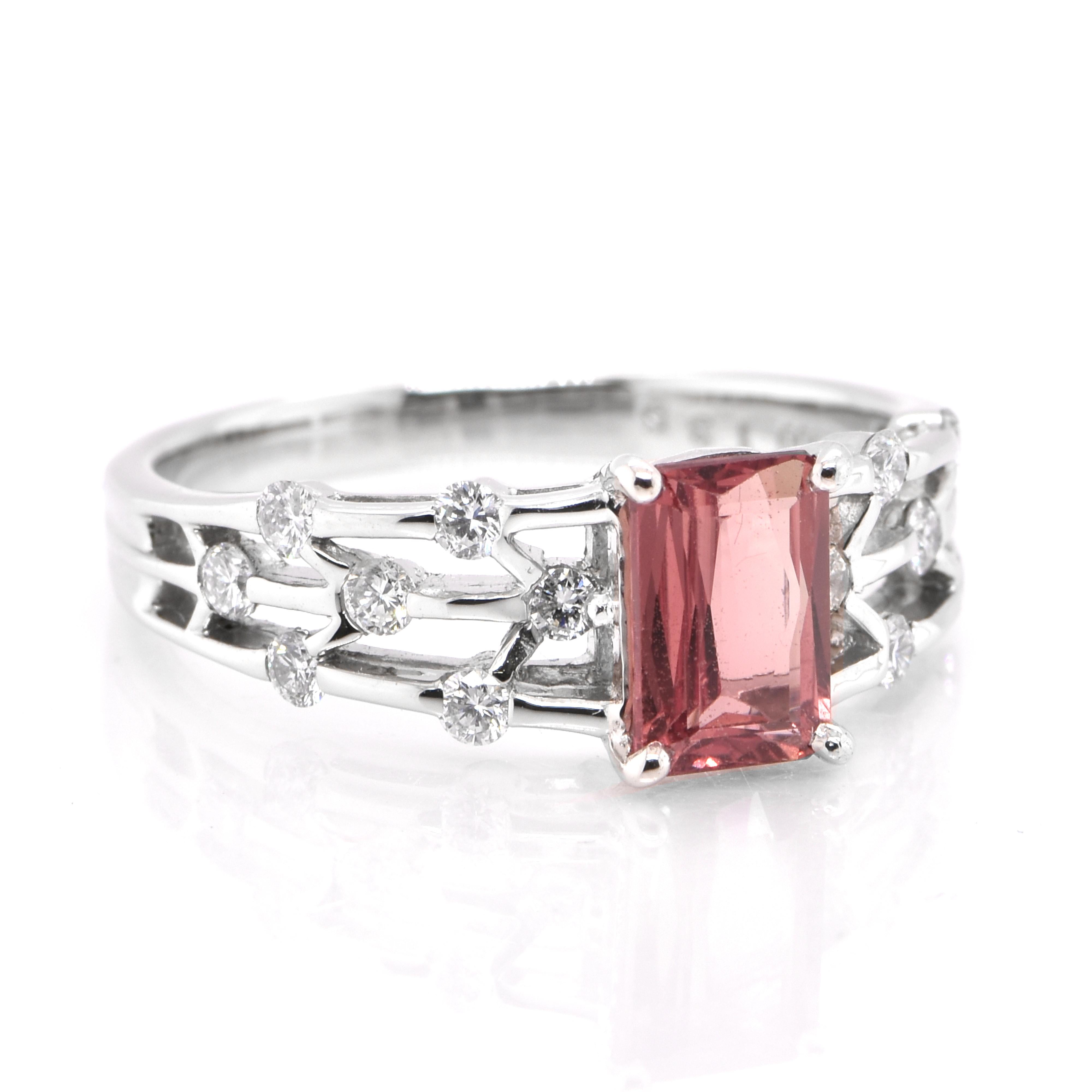 Modern 1.35 Carat Natural Padparadscha Sapphire and Diamond Ring Set in Platinum For Sale