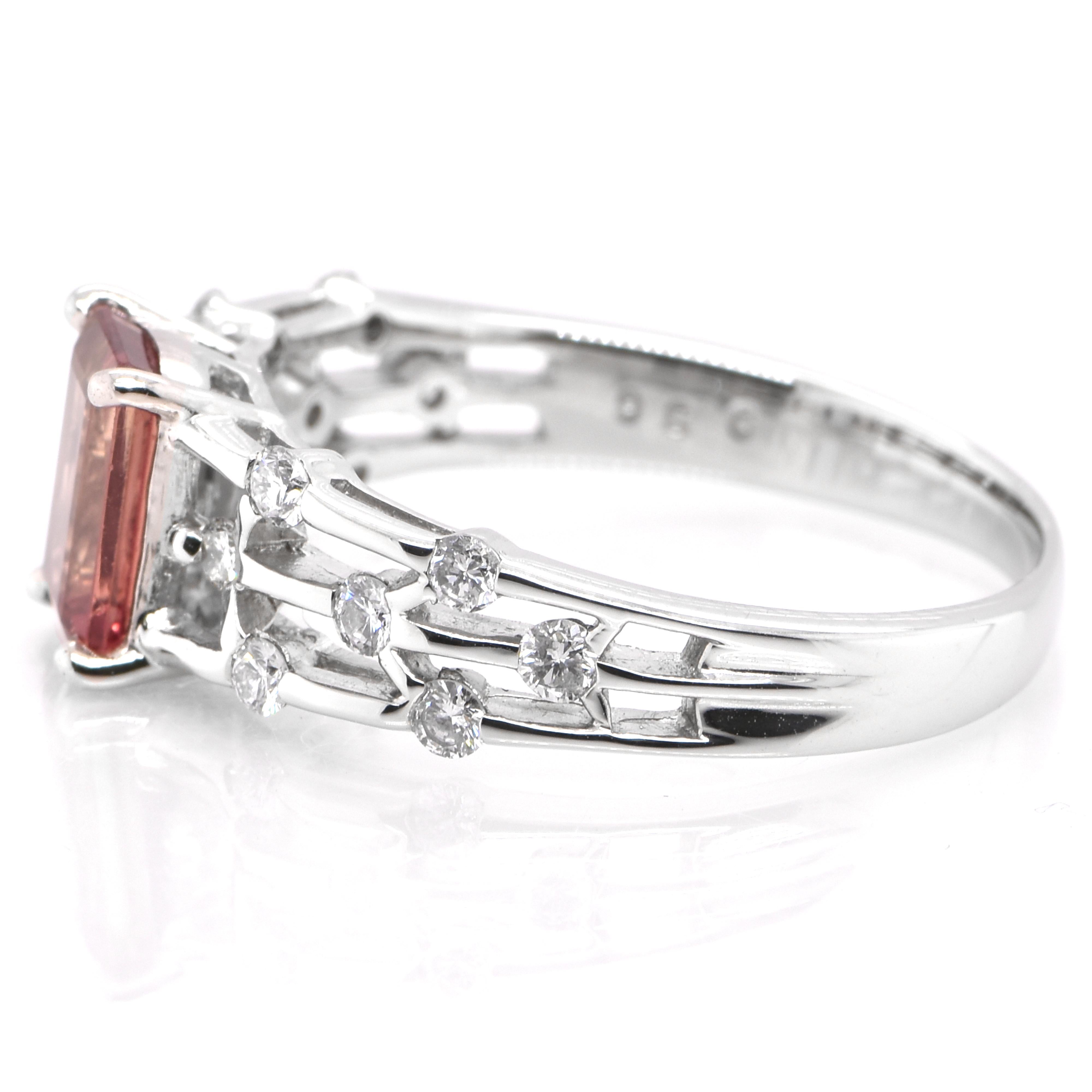 Octagon Cut 1.35 Carat Natural Padparadscha Sapphire and Diamond Ring Set in Platinum For Sale