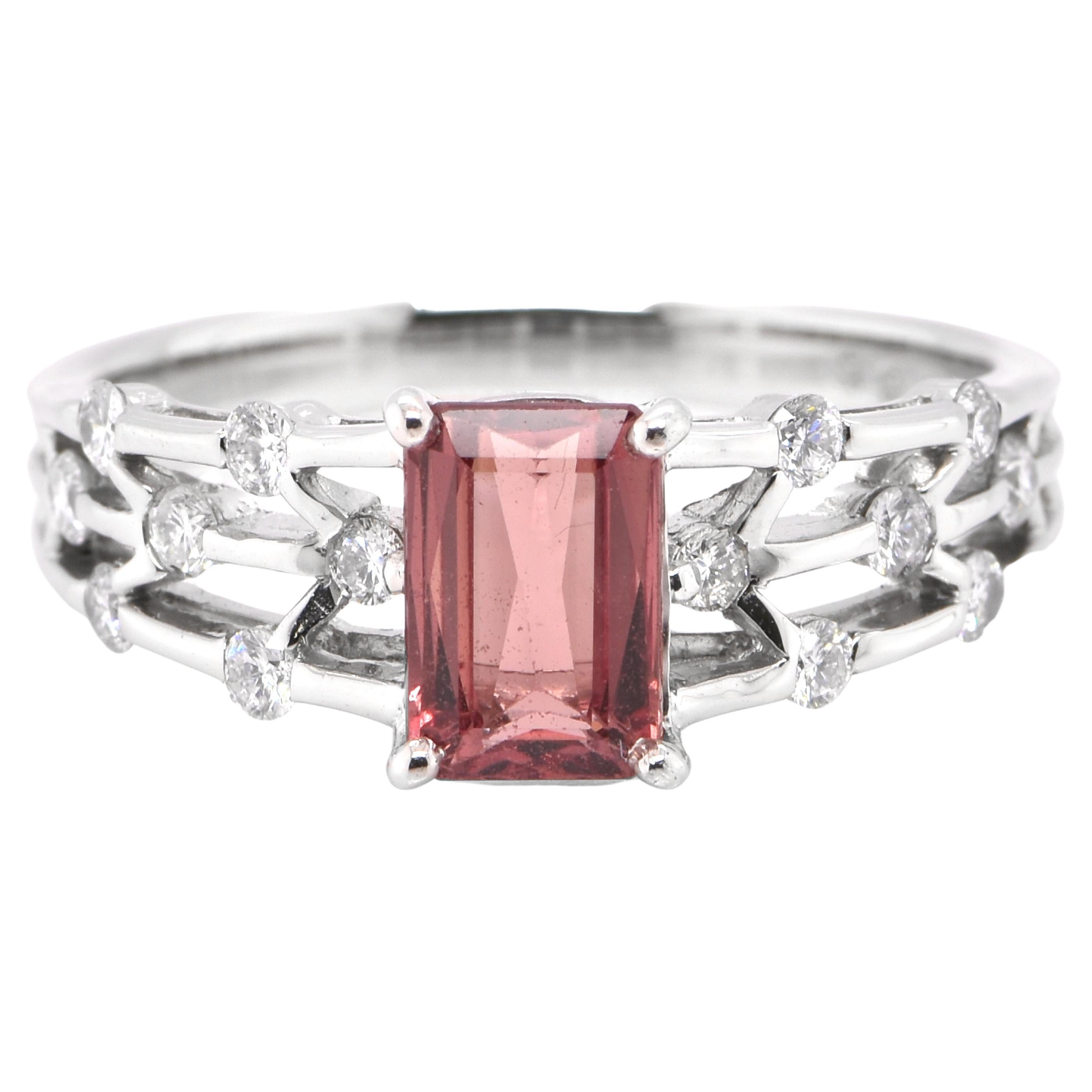 1.35 Carat Natural Padparadscha Sapphire and Diamond Ring Set in Platinum For Sale