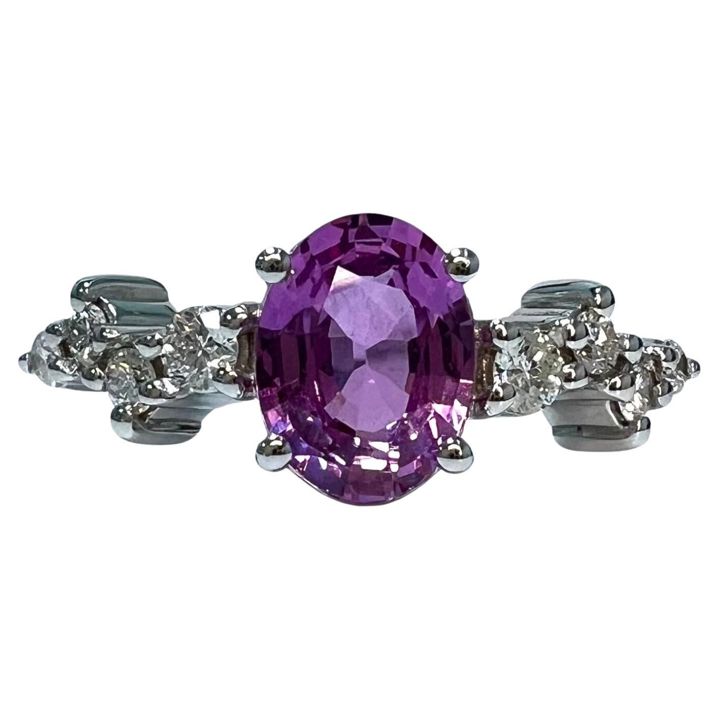 1.35 Carat No Heat Pink Sapphire Oval Cluster Ring 18k White Gold For Sale