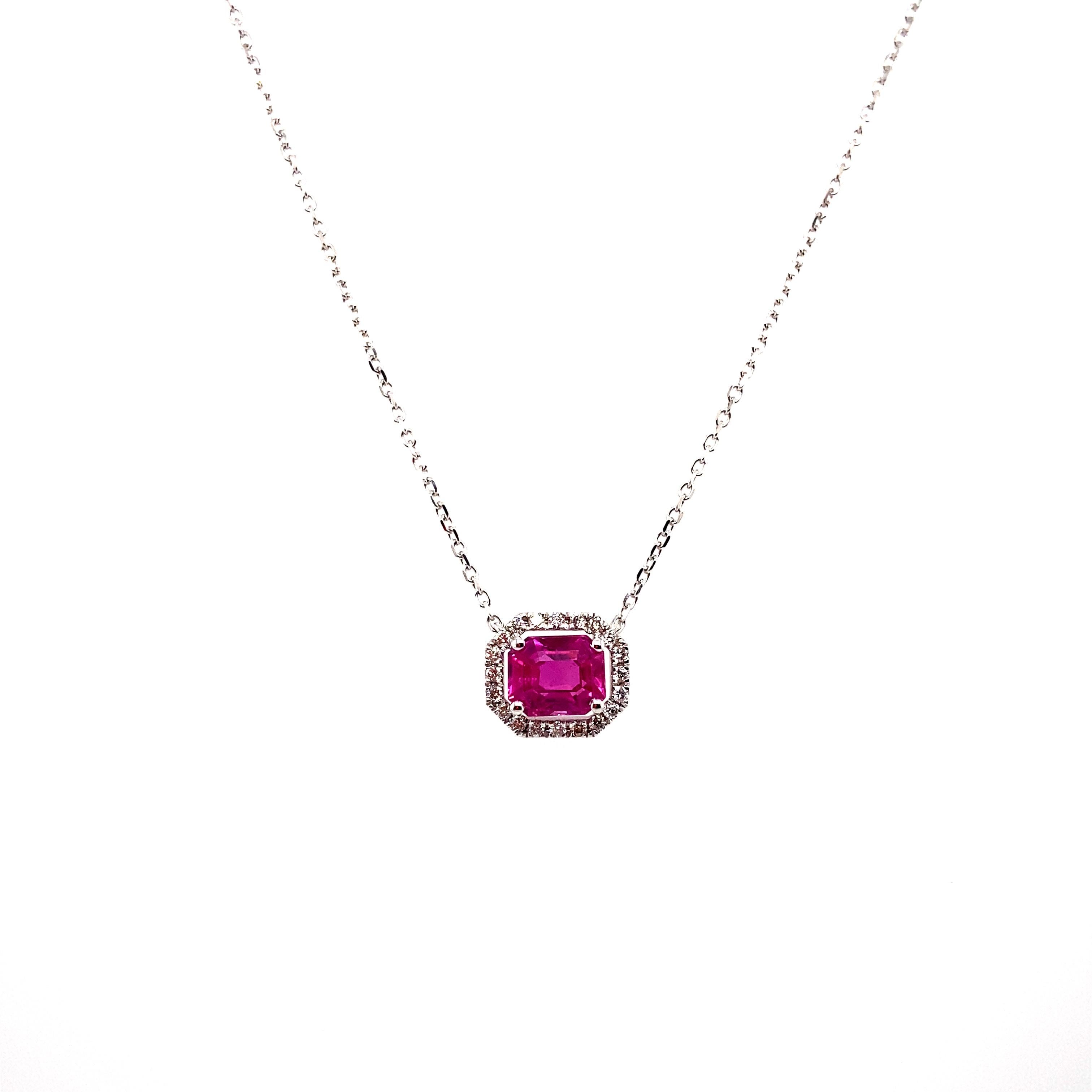 1.35 Carat Octagon-Cut Burma No Heat Ruby and White Diamond Pendant Necklace:

A beautiful pendant necklace, it features a 1.35 carat emerald-cut unheated Burmese ruby in the centre surrounded by a halo of white round-brilliant cut diamonds weighing