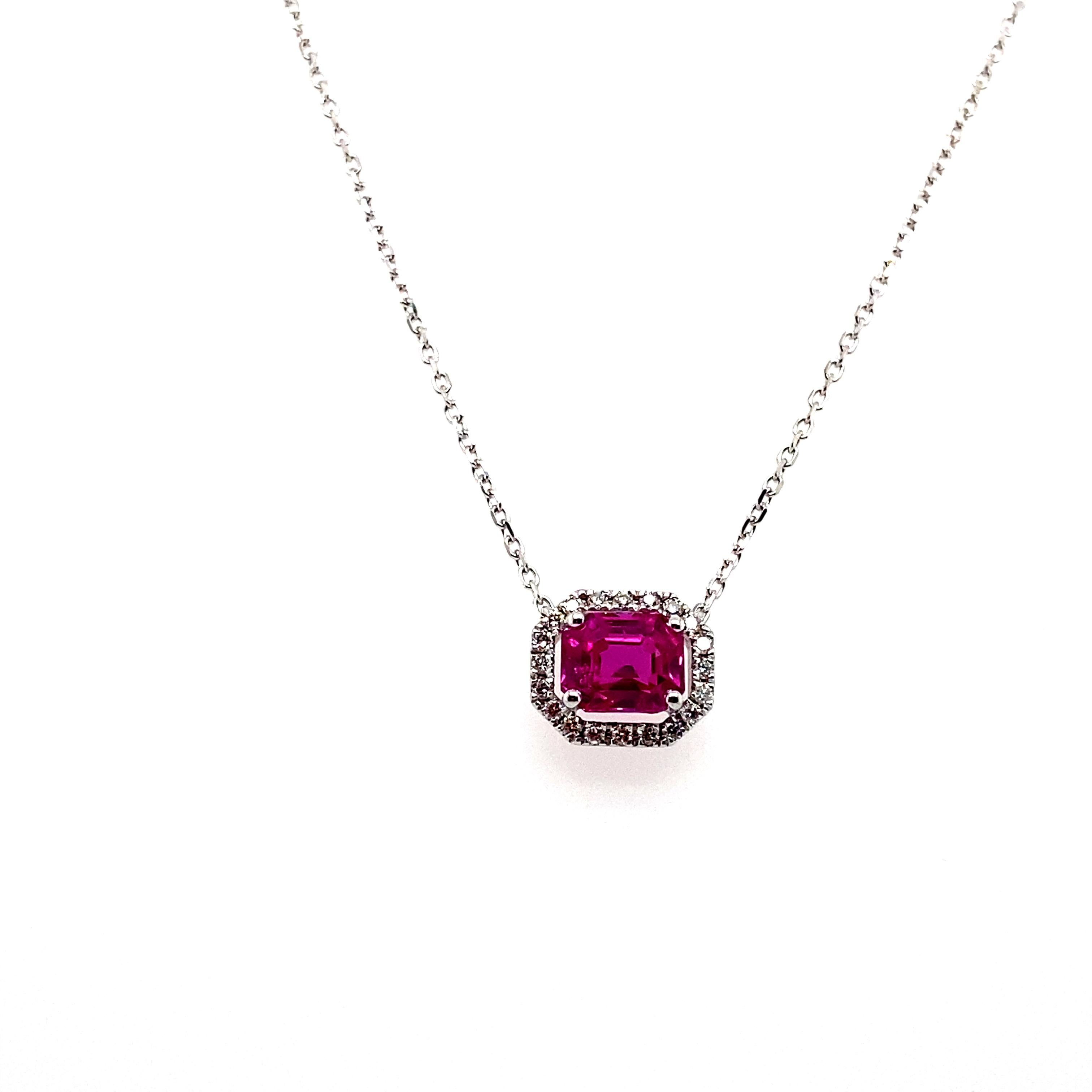 Contemporary 1.35 Carat Octagon-Cut Burma No Heat Ruby and White Diamond Pendant Necklace For Sale