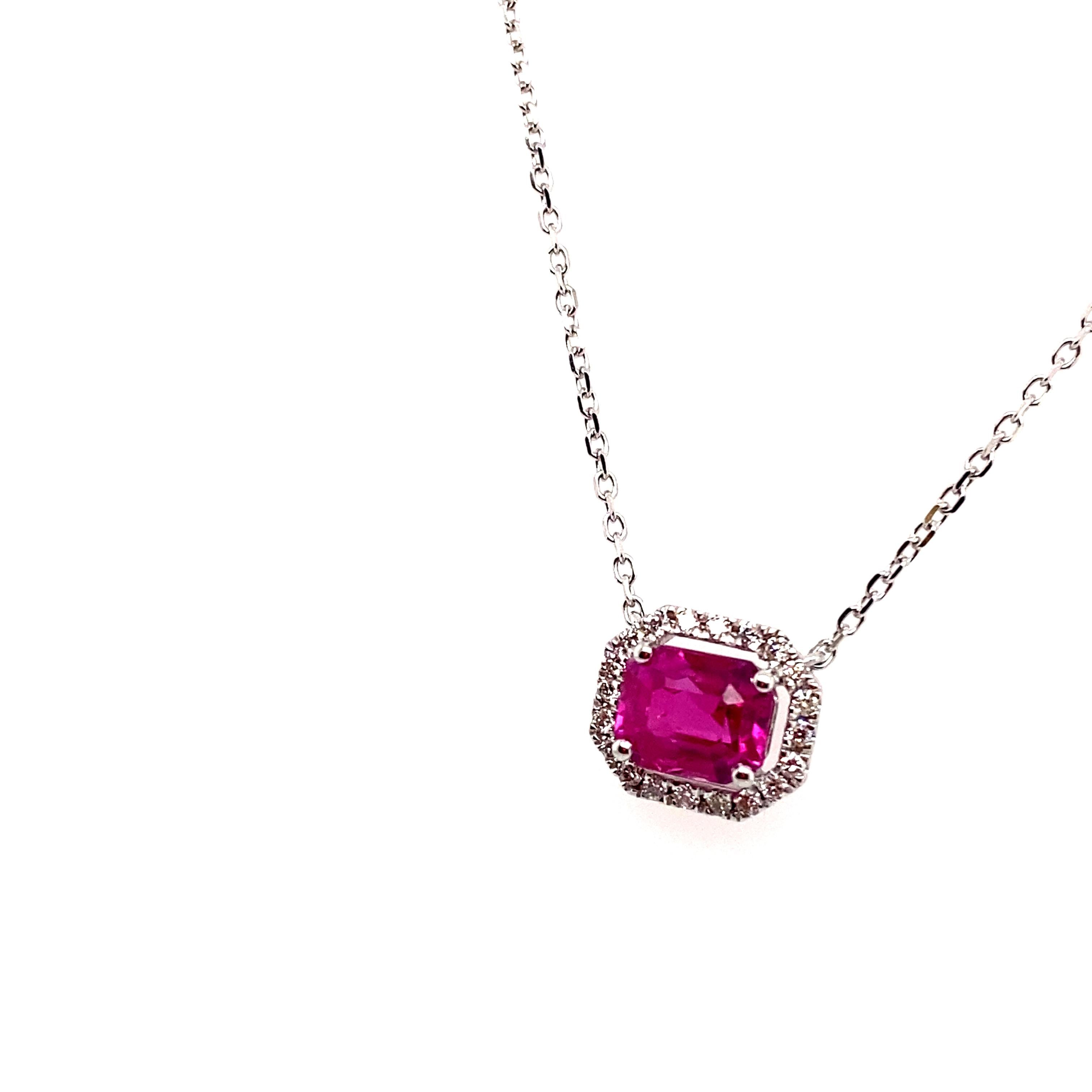 Emerald Cut 1.35 Carat Octagon-Cut Burma No Heat Ruby and White Diamond Pendant Necklace For Sale