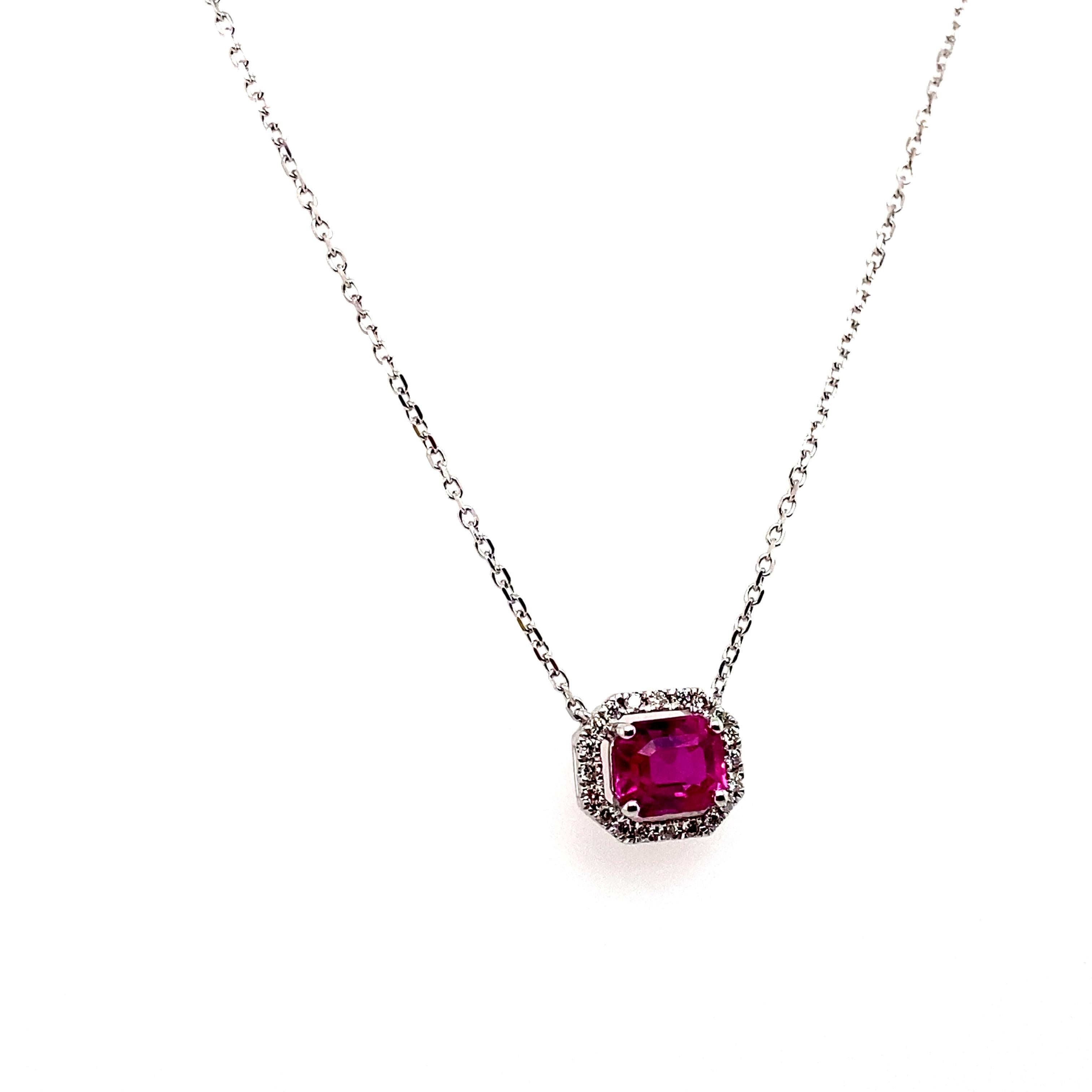 1.35 Carat Octagon-Cut Burma No Heat Ruby and White Diamond Pendant Necklace In New Condition For Sale In Hong Kong, HK