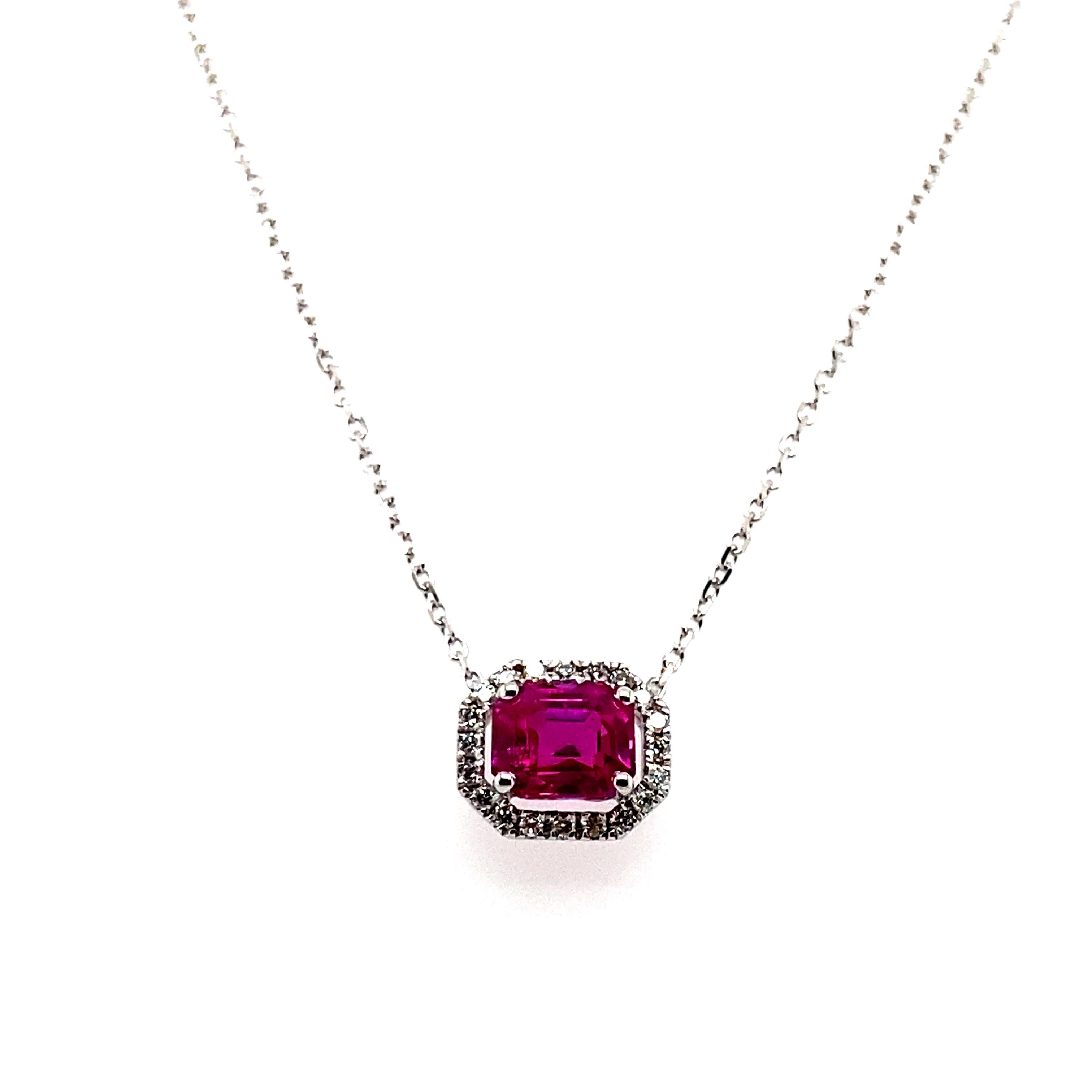 Women's or Men's 1.35 Carat Octagon-Cut Burma No Heat Ruby and White Diamond Pendant Necklace For Sale
