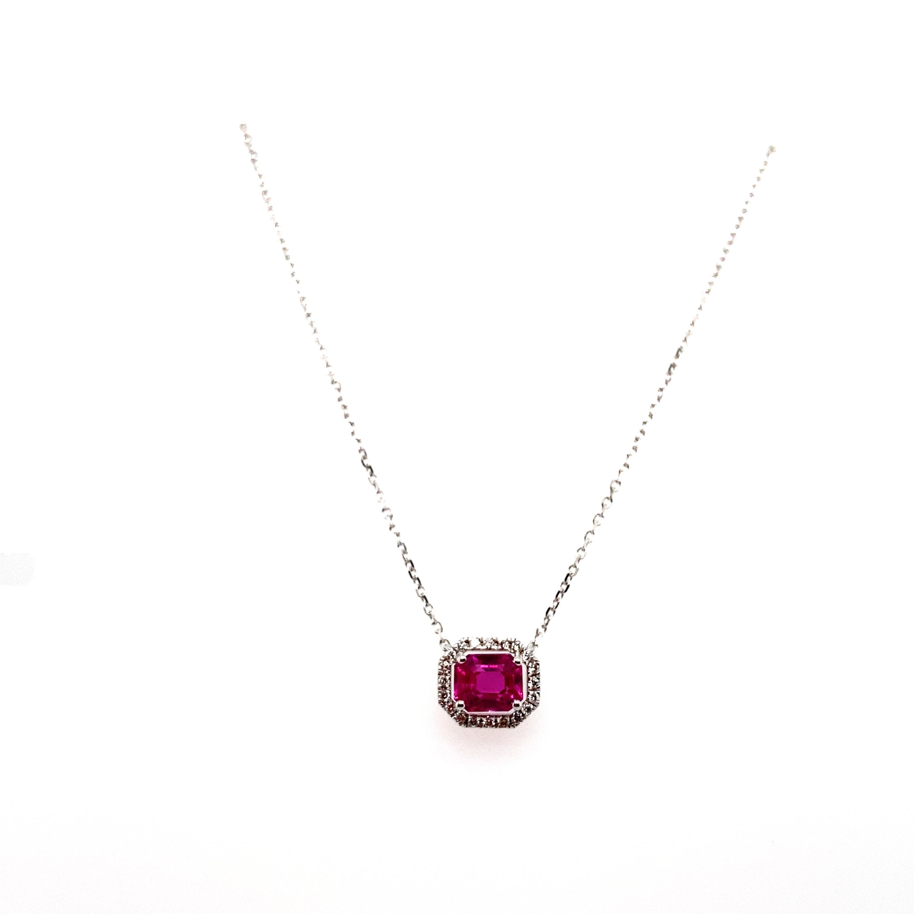 1.35 Carat Octagon-Cut Burma No Heat Ruby and White Diamond Pendant Necklace For Sale 1