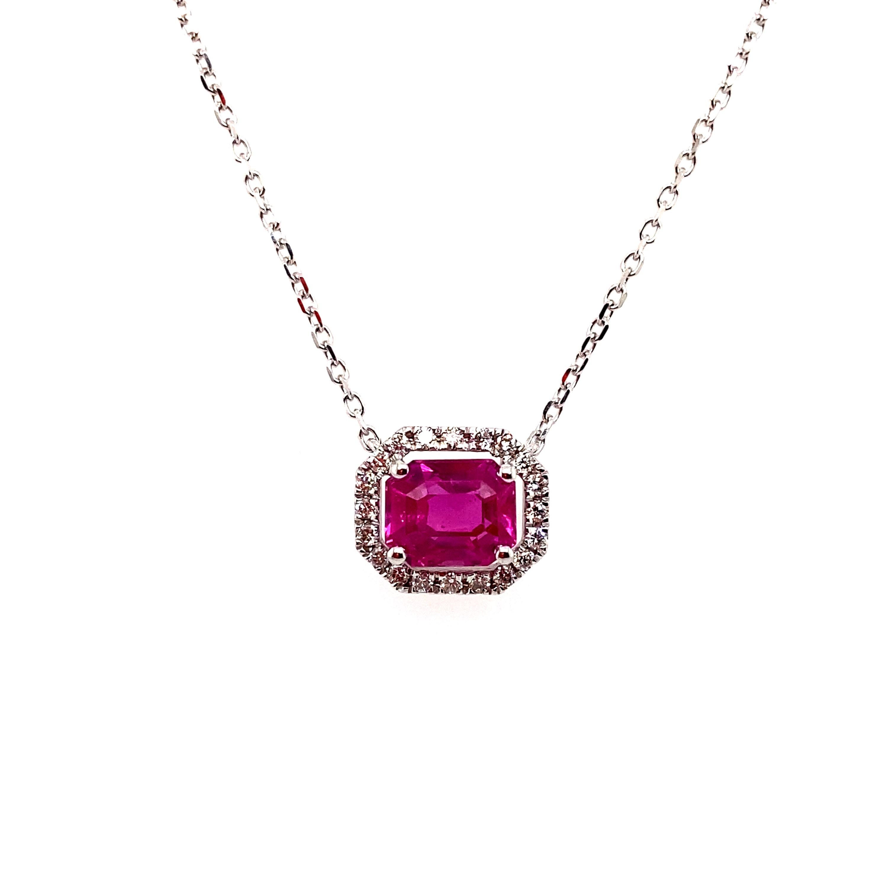 1.35 Carat Octagon-Cut Burma No Heat Ruby and White Diamond Pendant Necklace For Sale 2