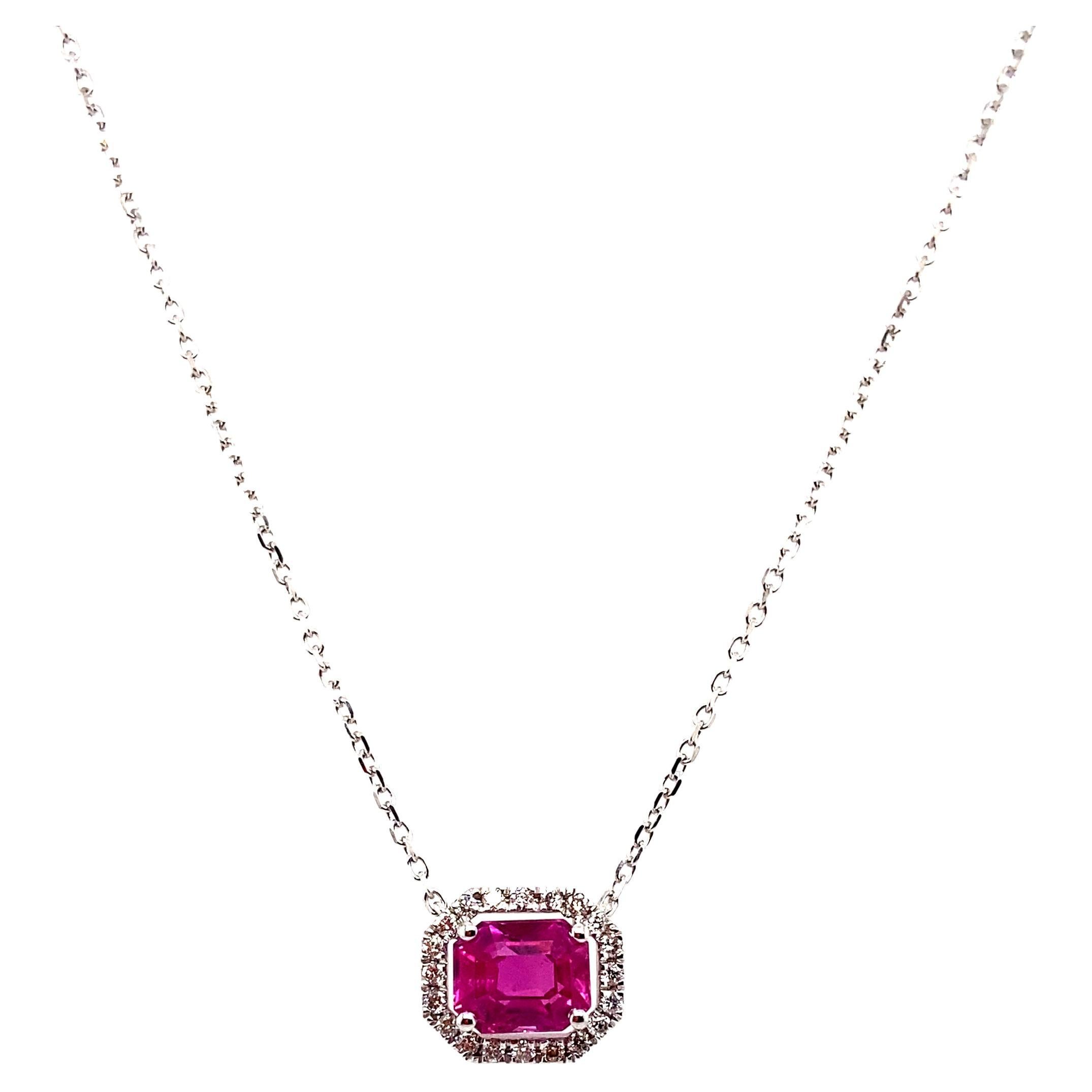 1.35 Carat Octagon-Cut Burma No Heat Ruby and White Diamond Pendant Necklace For Sale