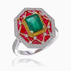 1.35 Carat Octagon Emerald, Burmese Ruby, Diamond Ring in 18 Karat White Gold