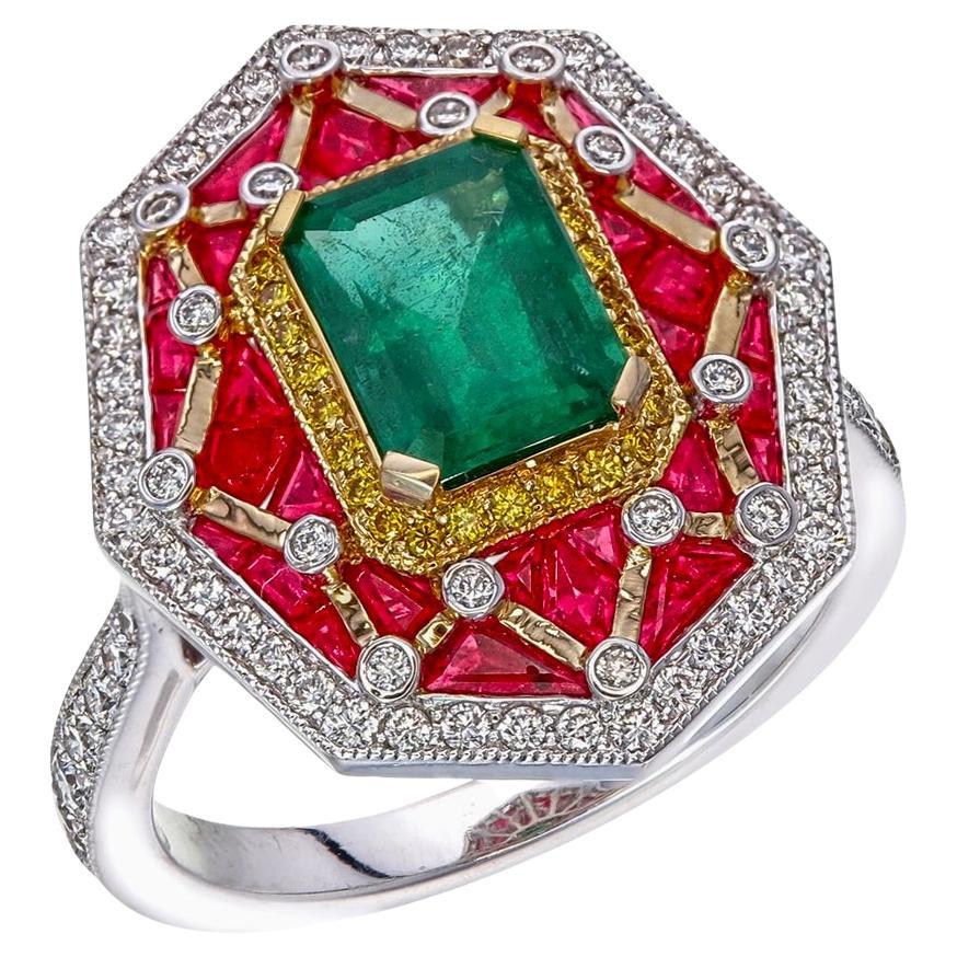 1.35 Carat Octagon Emerald, Burmese Ruby, Diamond Ring in 18 Karat White Gold