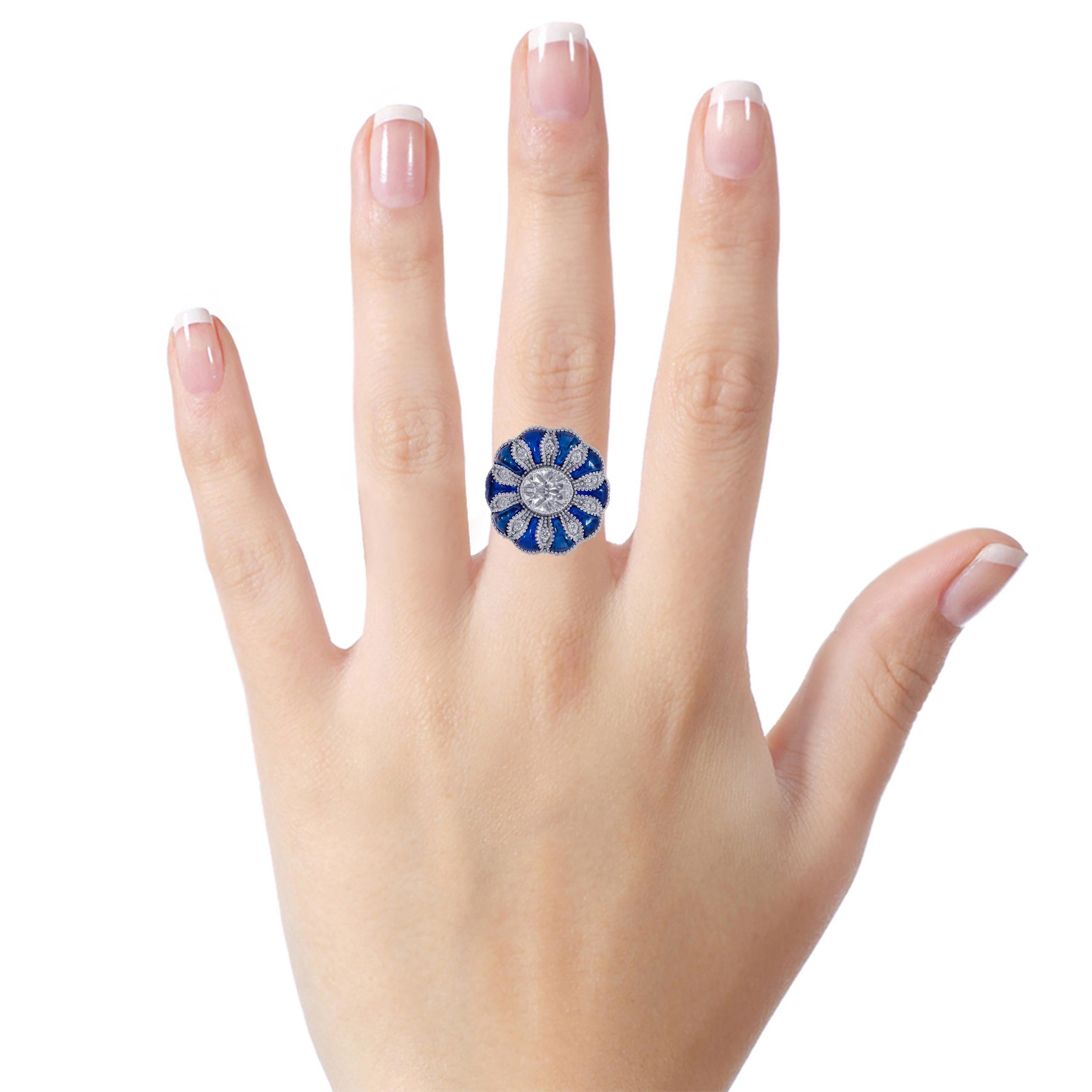 1.35 Carat Old European Cut Diamond with Cabochon Sapphire Ring in 18 Karat Gold

This exceptional old mutual/European cut diamond solitaire and tube-cut vertigo blue sapphire ring is a phenomenal comprehensive design. The diamond round solitaire of