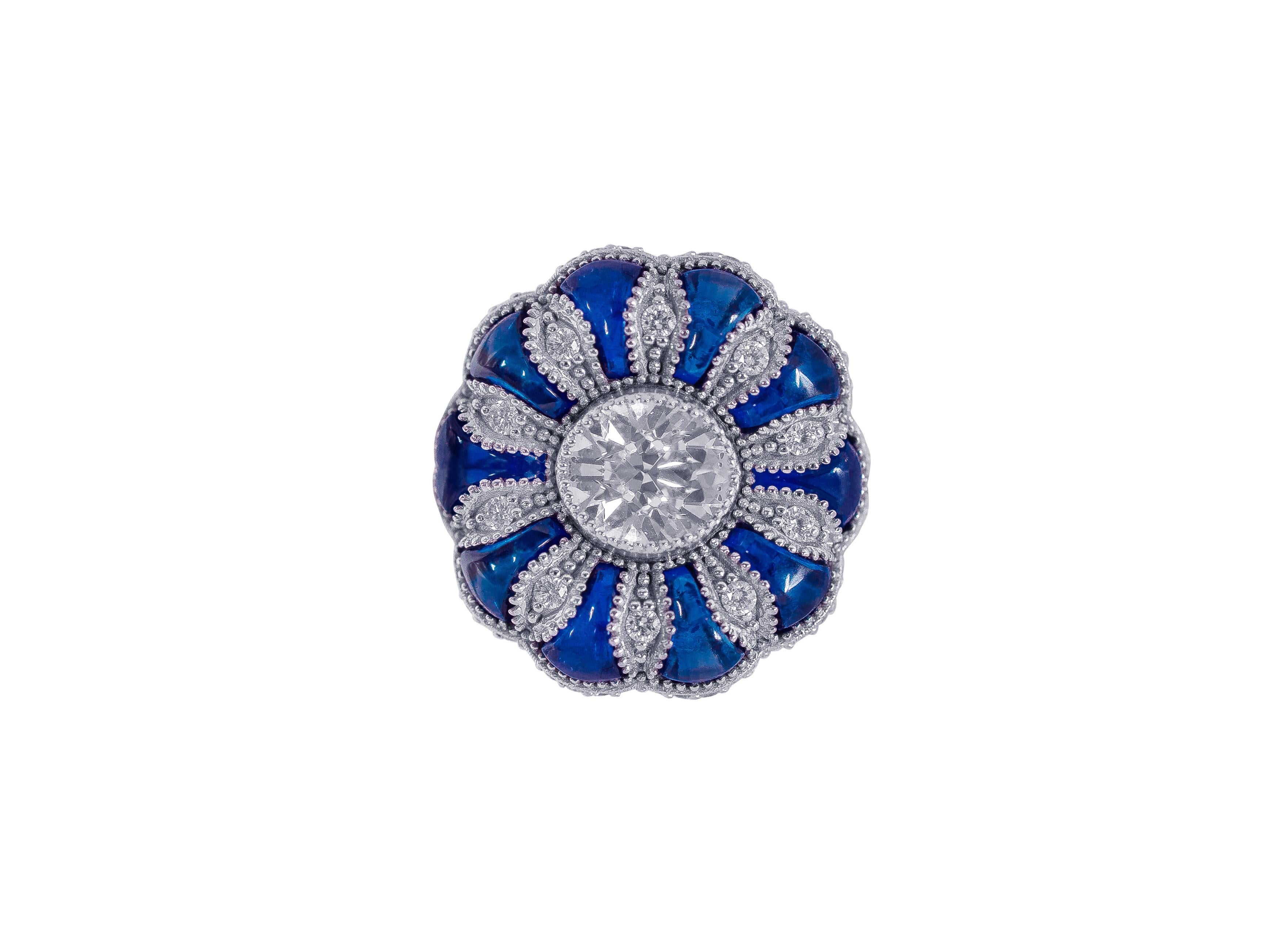 1.35 Carat Old European Cut Diamond with Cabochon Sapphire Ring in 18 Karat Gold In New Condition For Sale In Jaipur, IN