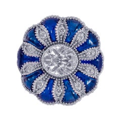 Anillo de diamantes talla europea antigua de 1,35 quilates con zafiro cabujón en oro de 18 quilates