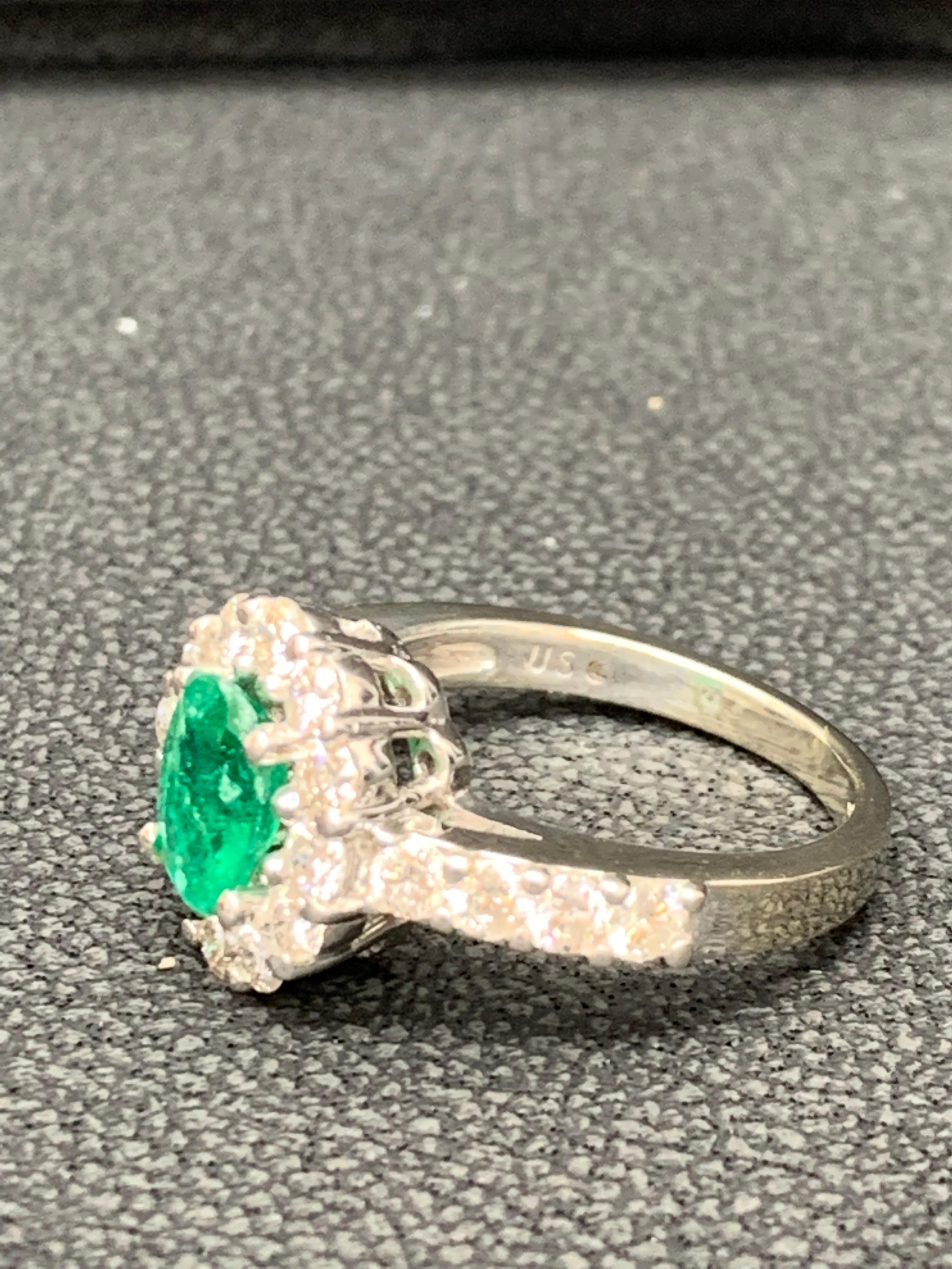 1.35 Carat Oval Cut Emerald and Diamond Engagement Ring in 14K White Gold For Sale 5