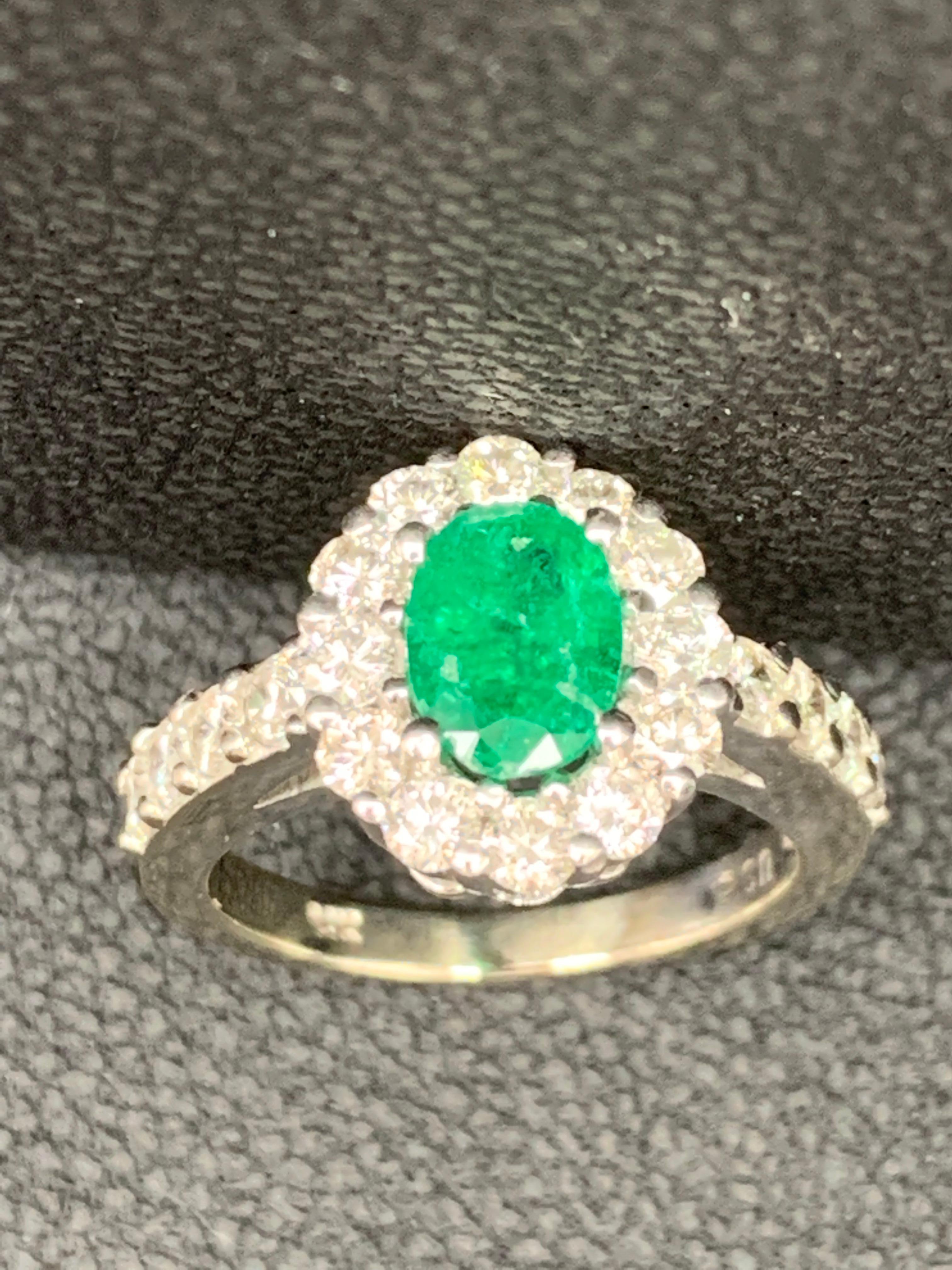 1.35 Carat Oval Cut Emerald and Diamond Engagement Ring in 14K White Gold For Sale 7