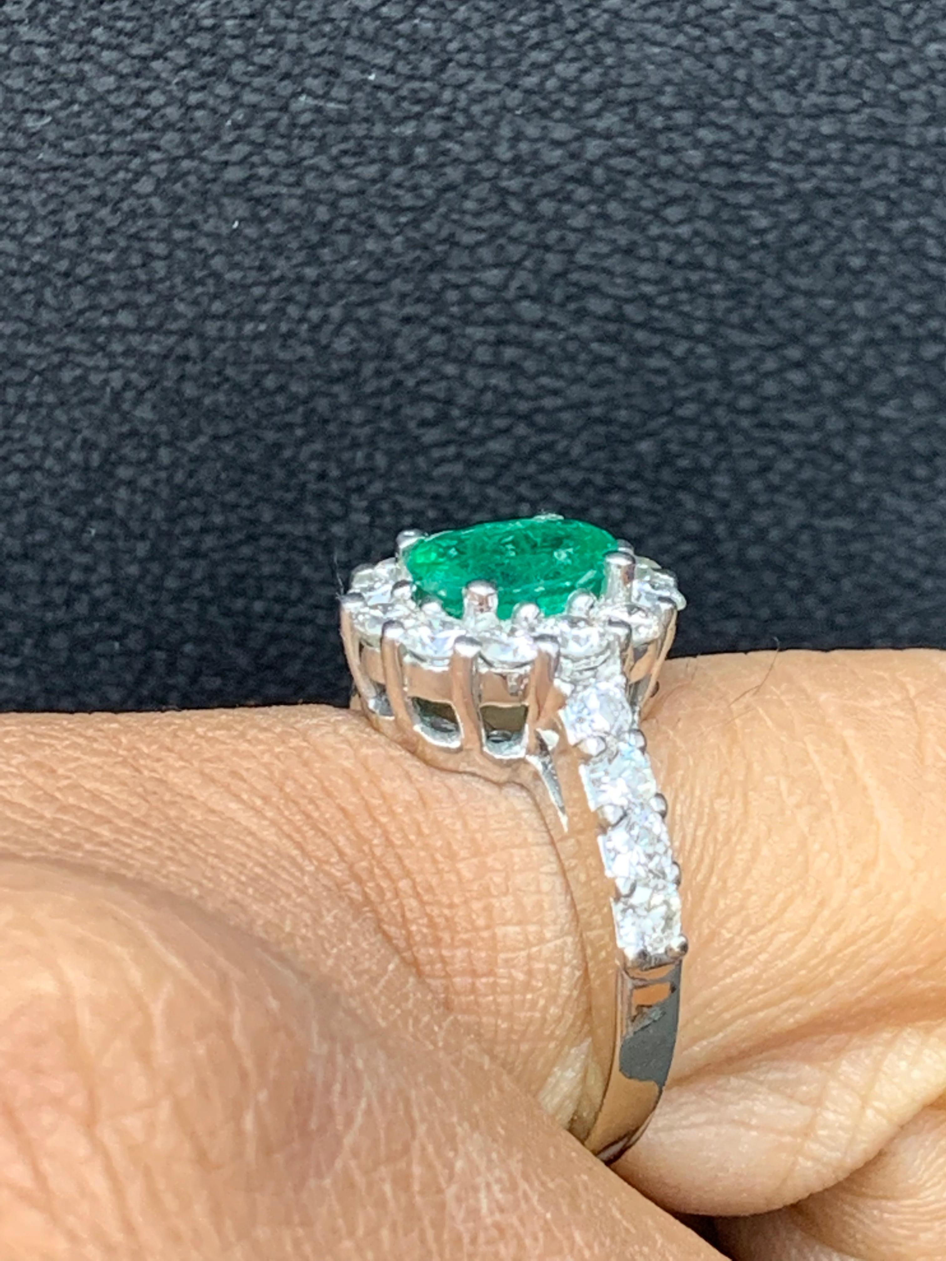Women's 1.35 Carat Oval Cut Emerald and Diamond Engagement Ring in 14K White Gold For Sale