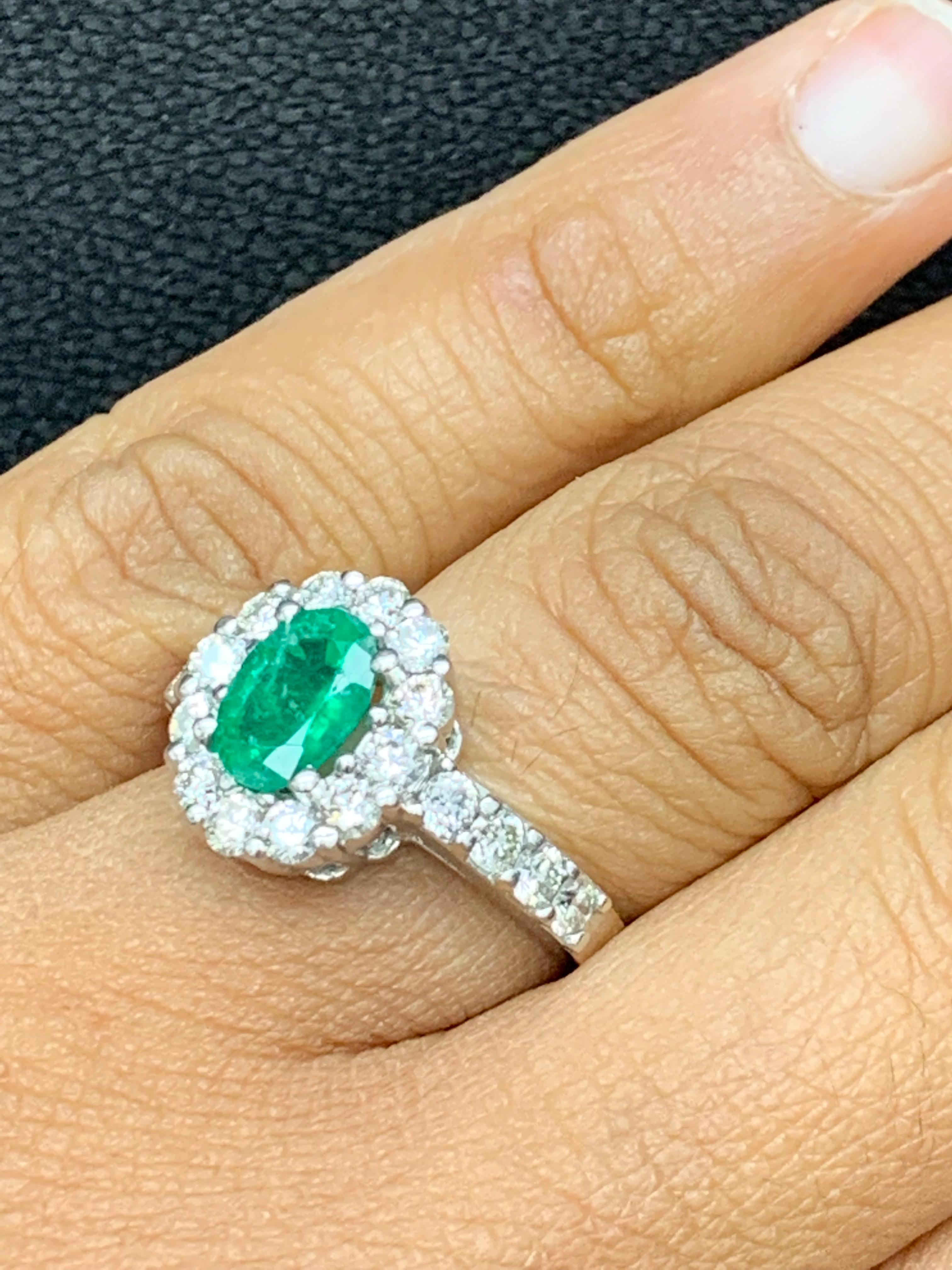 1.35 Carat Oval Cut Emerald and Diamond Engagement Ring in 14K White Gold For Sale 1