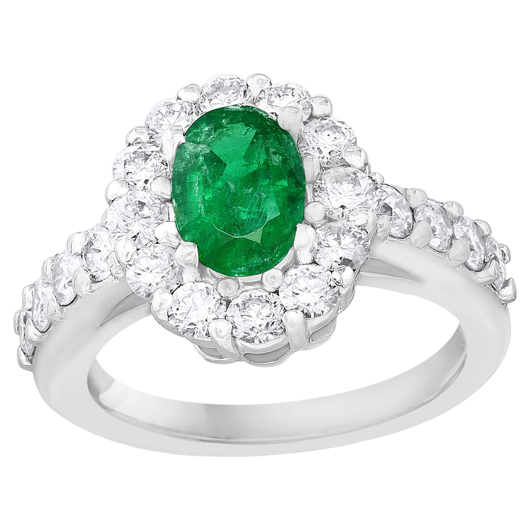 1.35 Carat Oval Cut Emerald and Diamond Engagement Ring in 14K White Gold For Sale