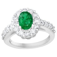 1.35 Carat Oval Cut Emerald and Diamond Engagement Ring in 14K White Gold