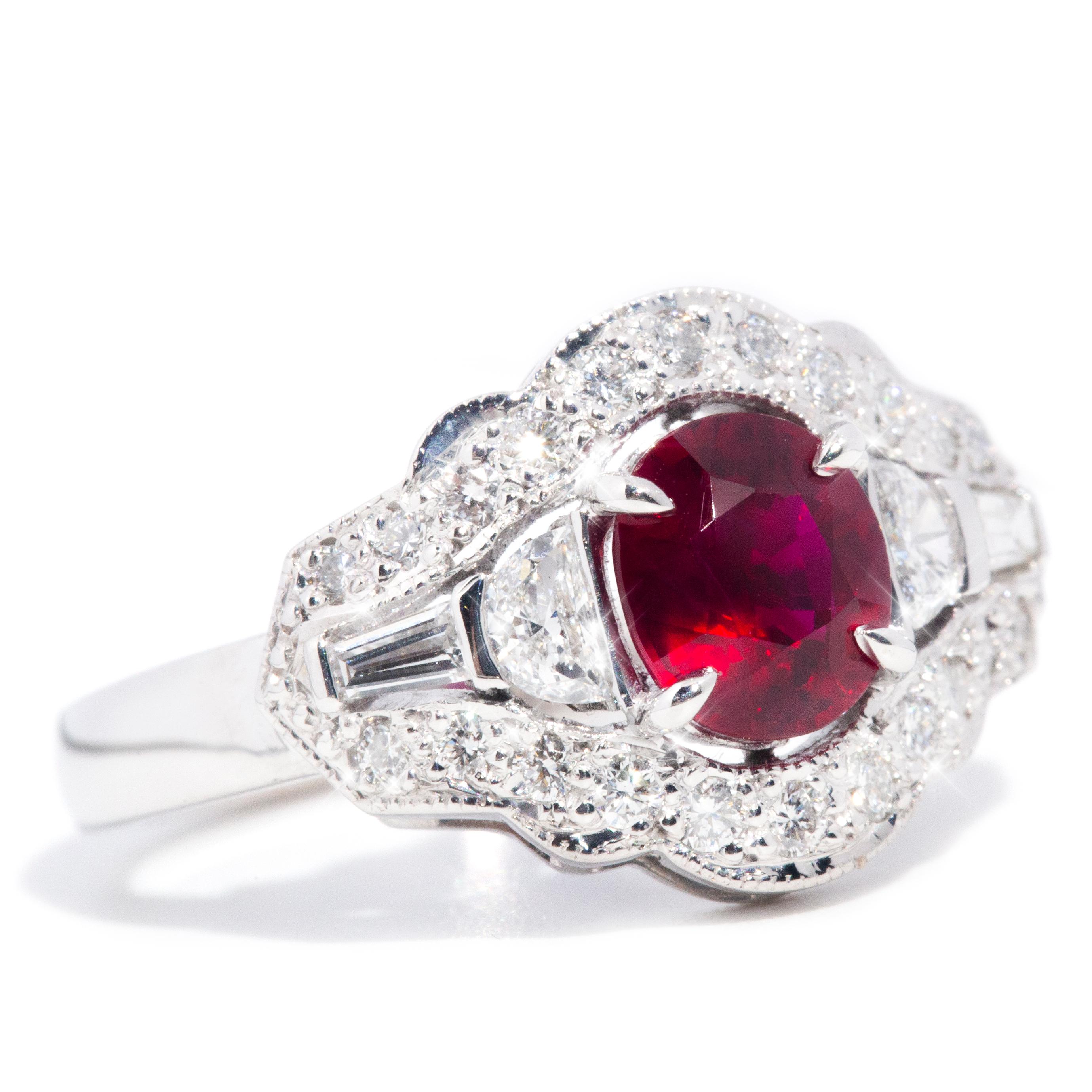 Oval Cut 1.35 Carat Oval Red Ruby and Diamond Contemporary 18 Carat Gold Cluster Ring For Sale