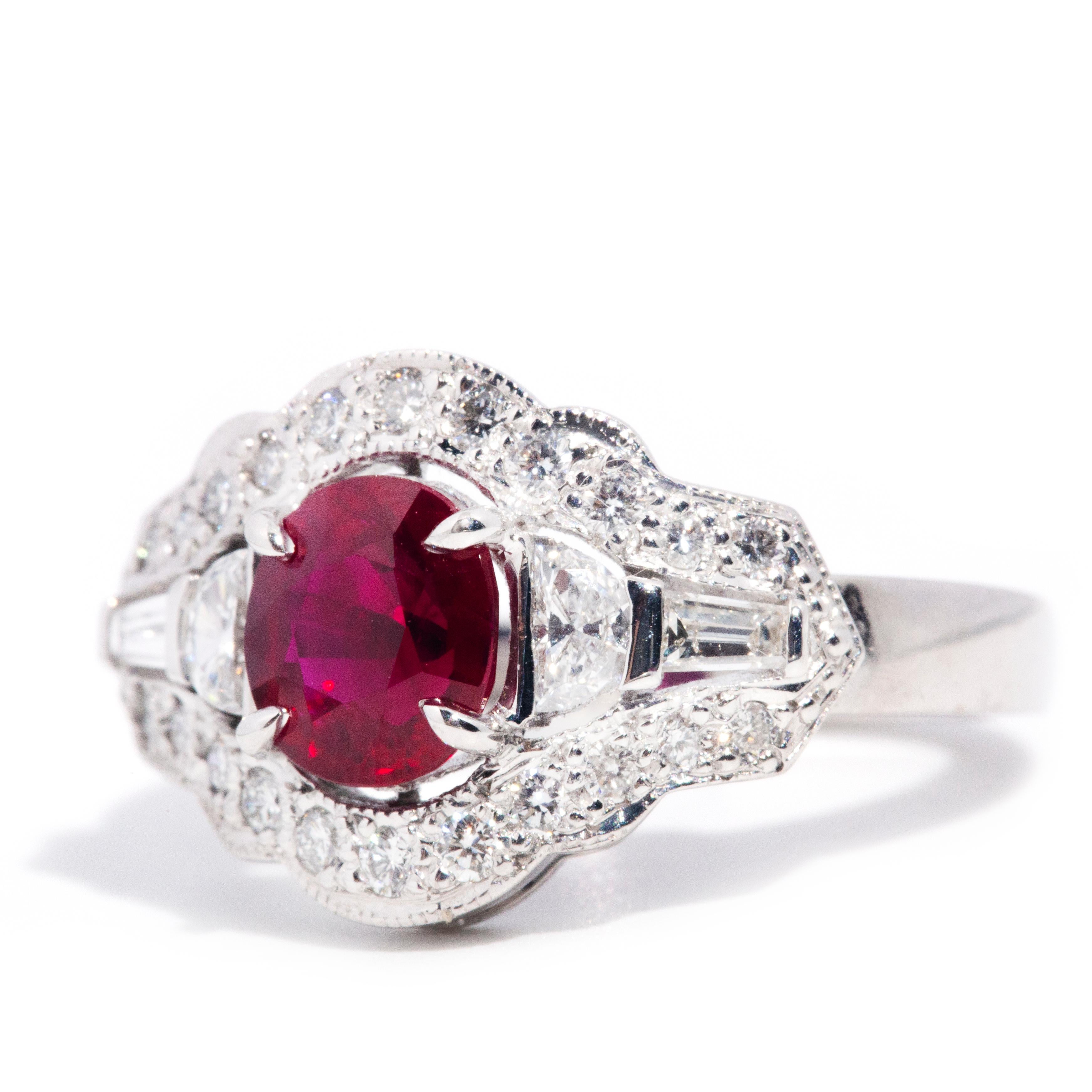Women's 1.35 Carat Oval Red Ruby and Diamond Contemporary 18 Carat Gold Cluster Ring For Sale