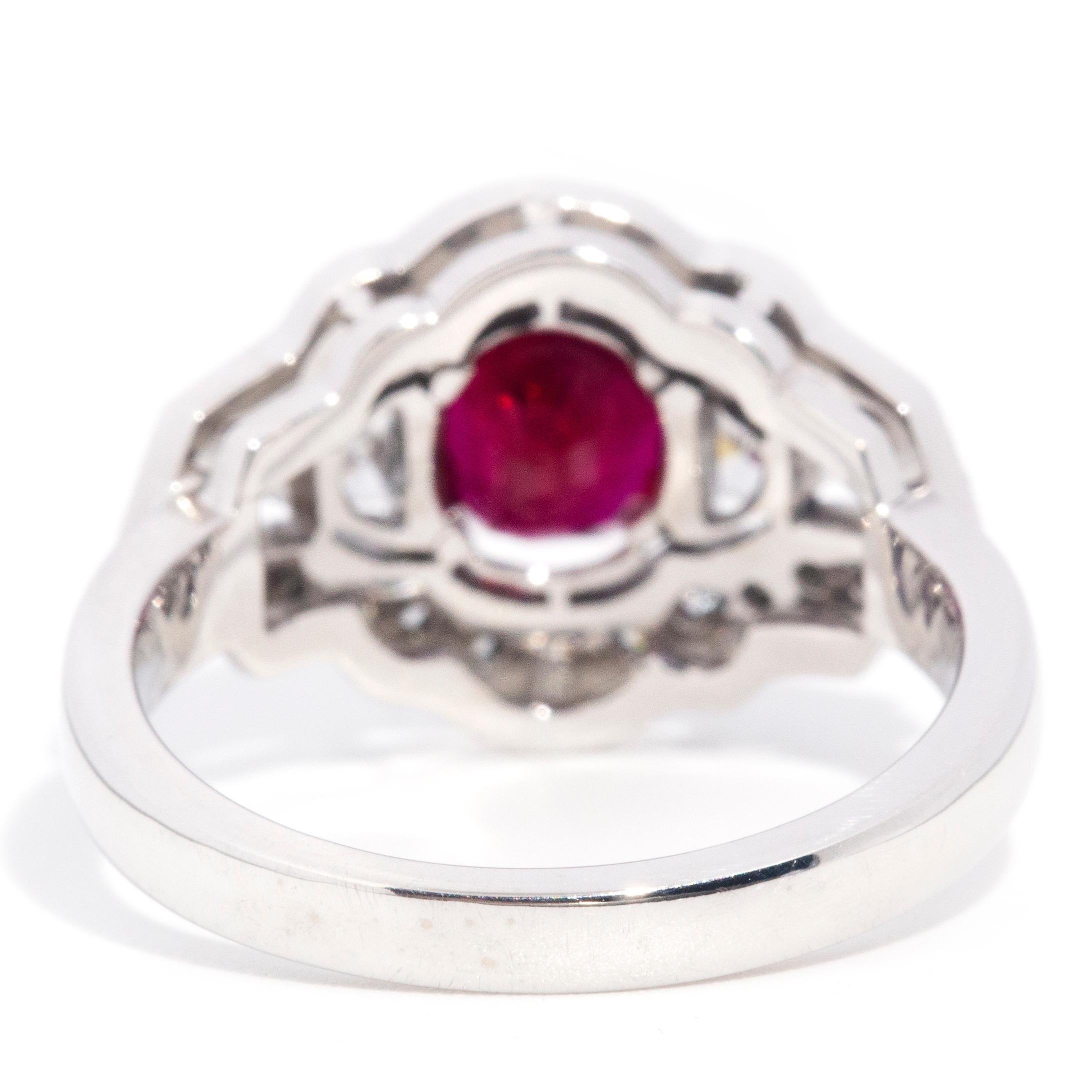 1.35 Carat Oval Red Ruby and Diamond Contemporary 18 Carat Gold Cluster Ring For Sale 4