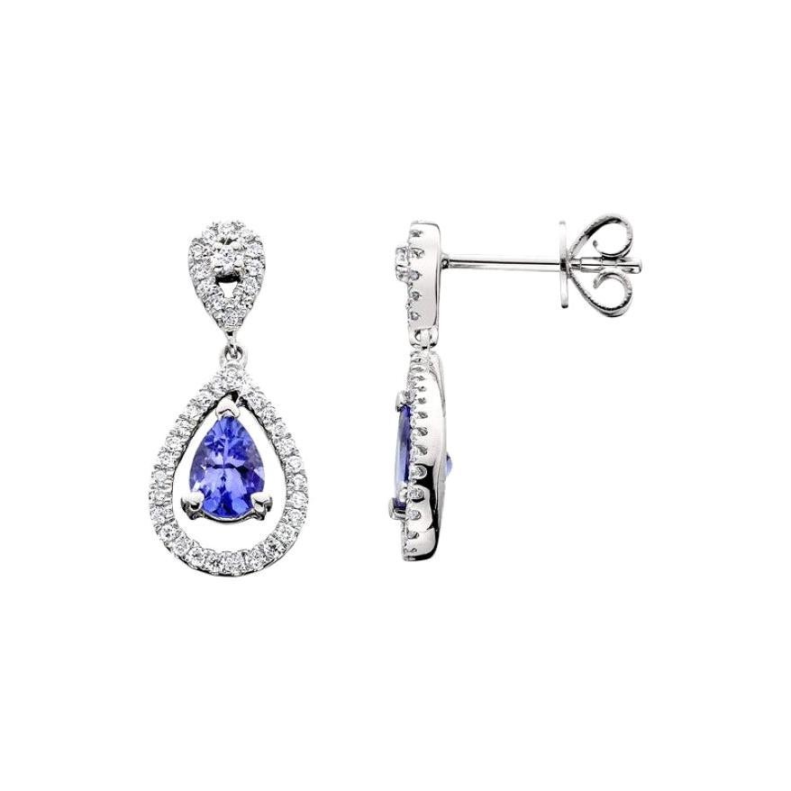 1.35 Carat Pear and Round Cut Tanzanite and Diamond Earrings in 14 Karat Gold For Sale