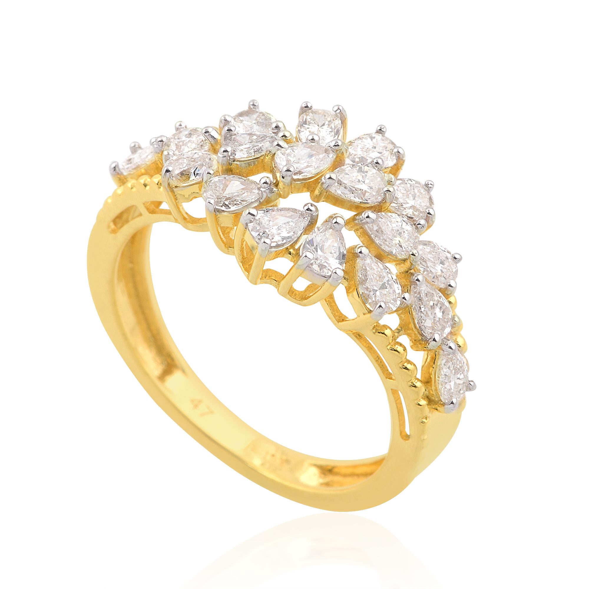 Surrounding the pear-shaped diamond are delicate accent diamonds, meticulously handset along the band to enhance its allure and add a touch of glamour. Crafted with precision and passion, these accent diamonds complement the center stone