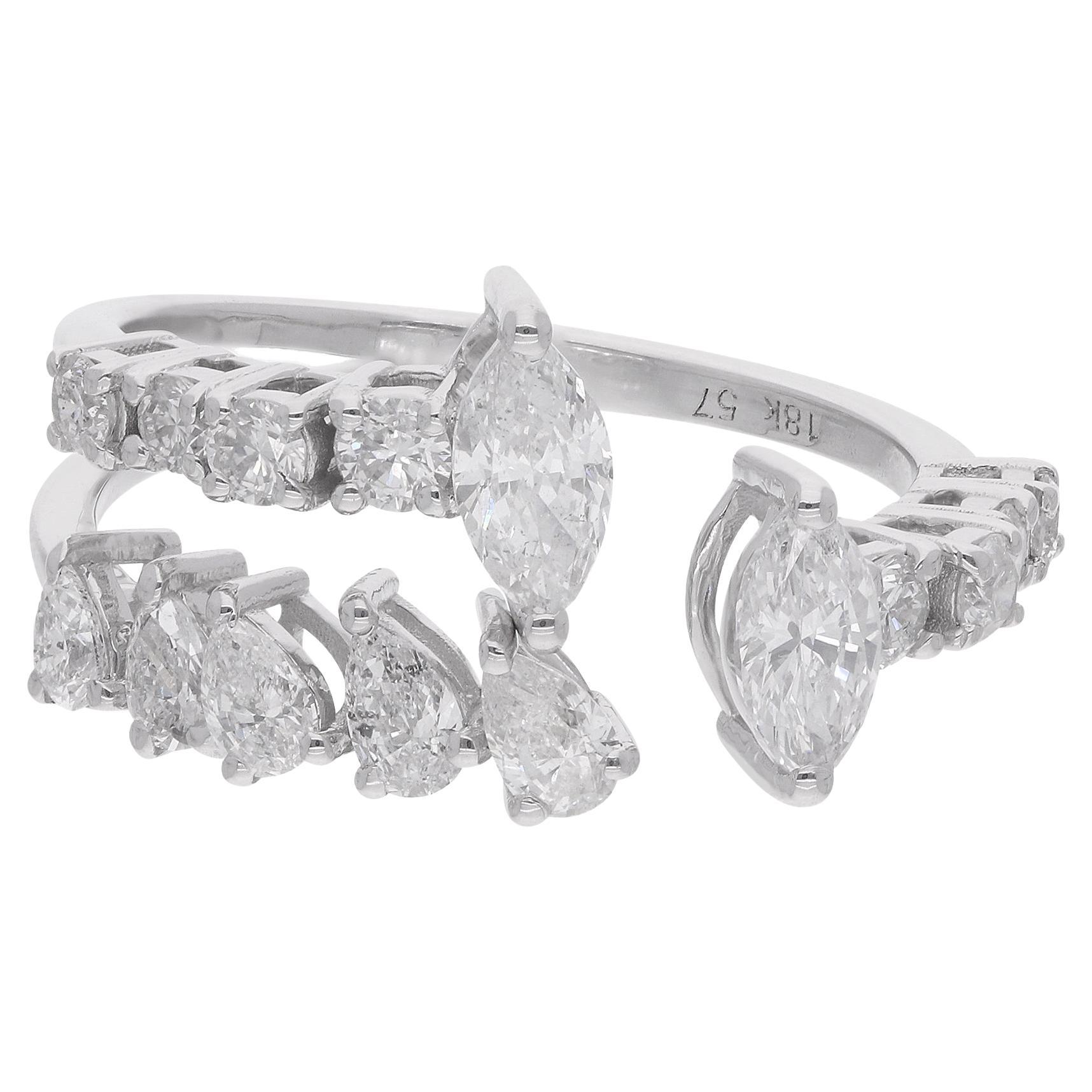 1.35 Carat Pear Marquise Diamond Cuff Ring 18 Karat White Gold Handmade Jewelry For Sale