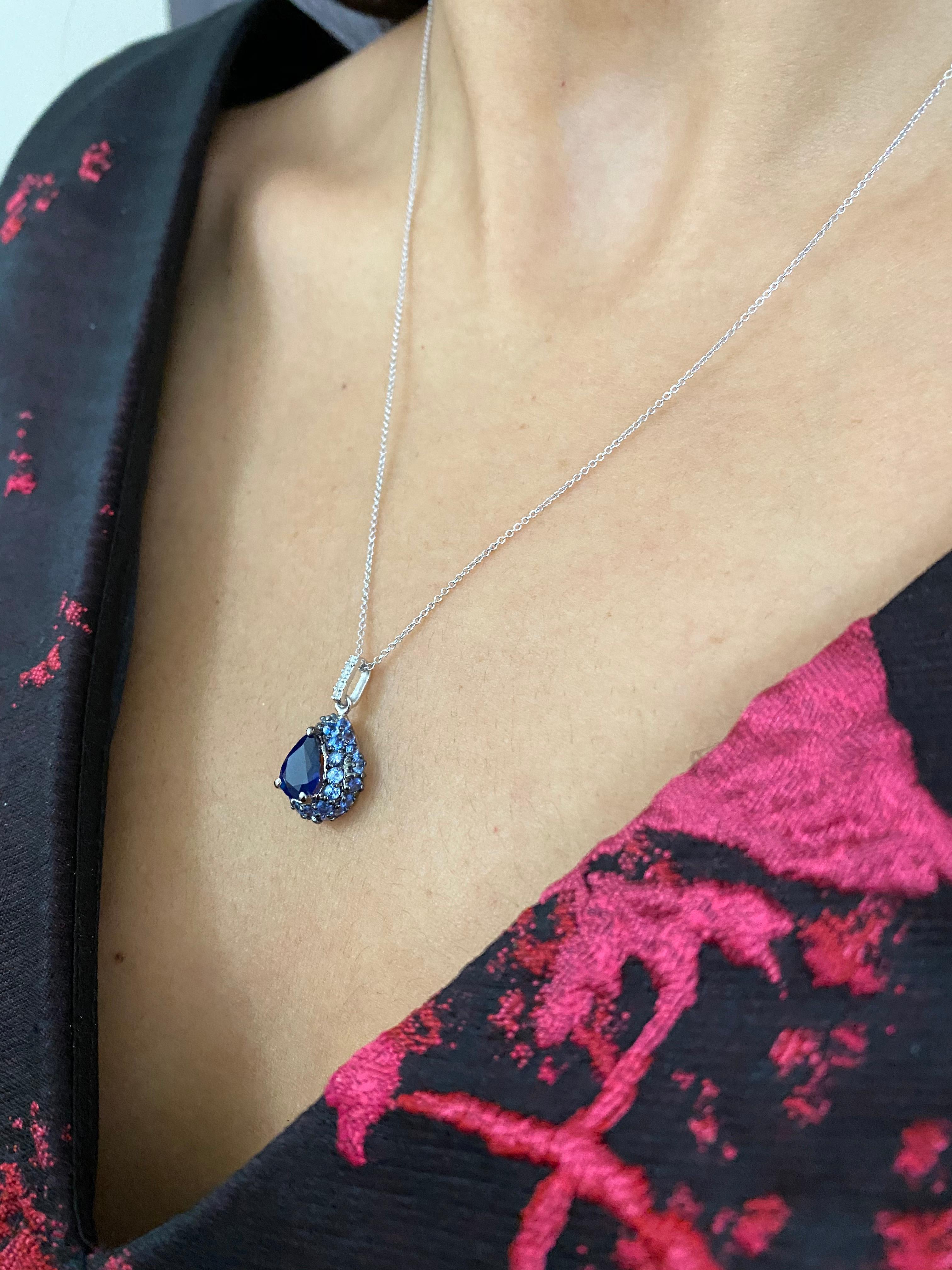 Pear Cut 1.35 Carat Pear Shape Sapphire and Diamond Halo Cluster Pendant 18K White Gold