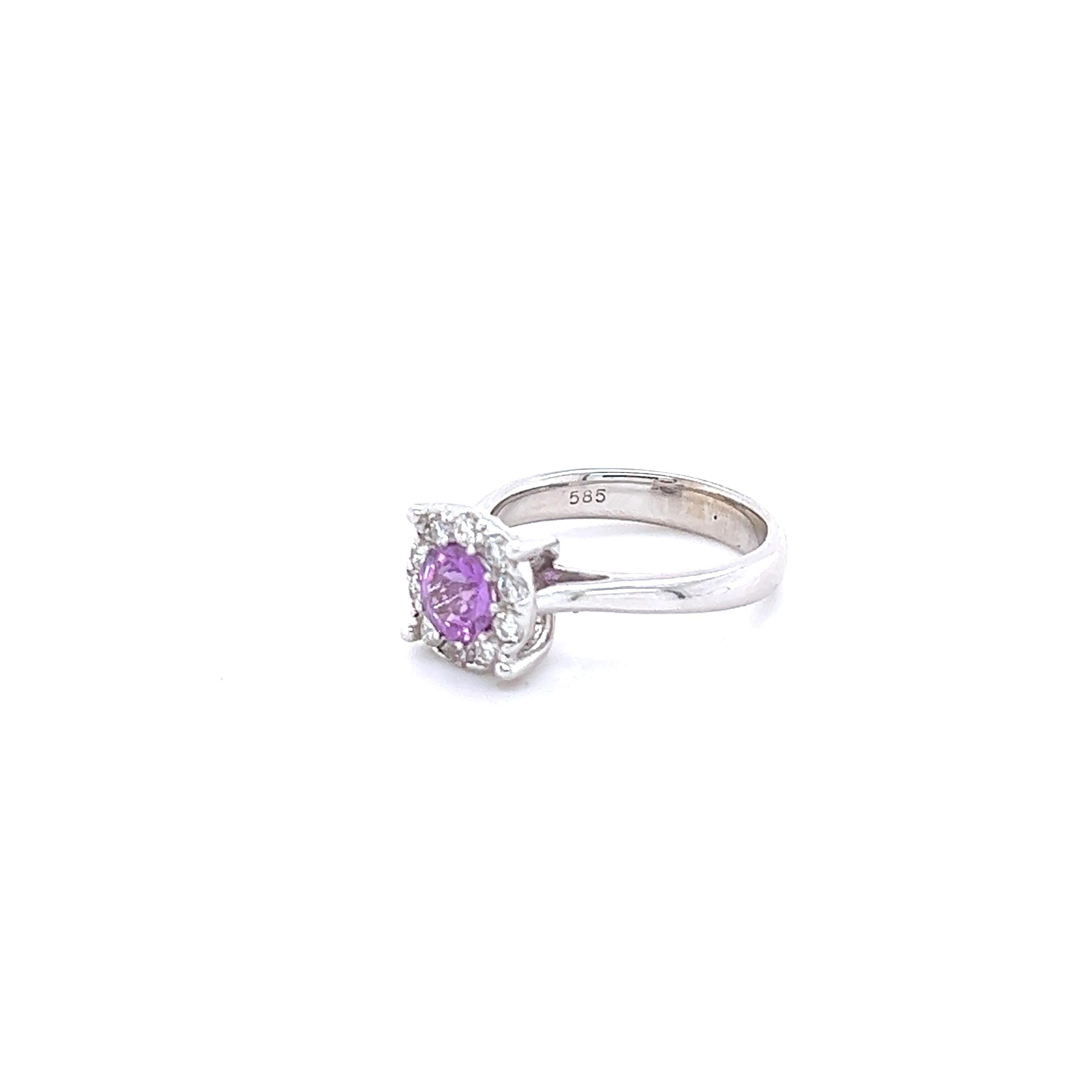 Round Cut 1.35 Carat Pink Sapphire Diamond 14 Karat White Gold Engagement Ring For Sale