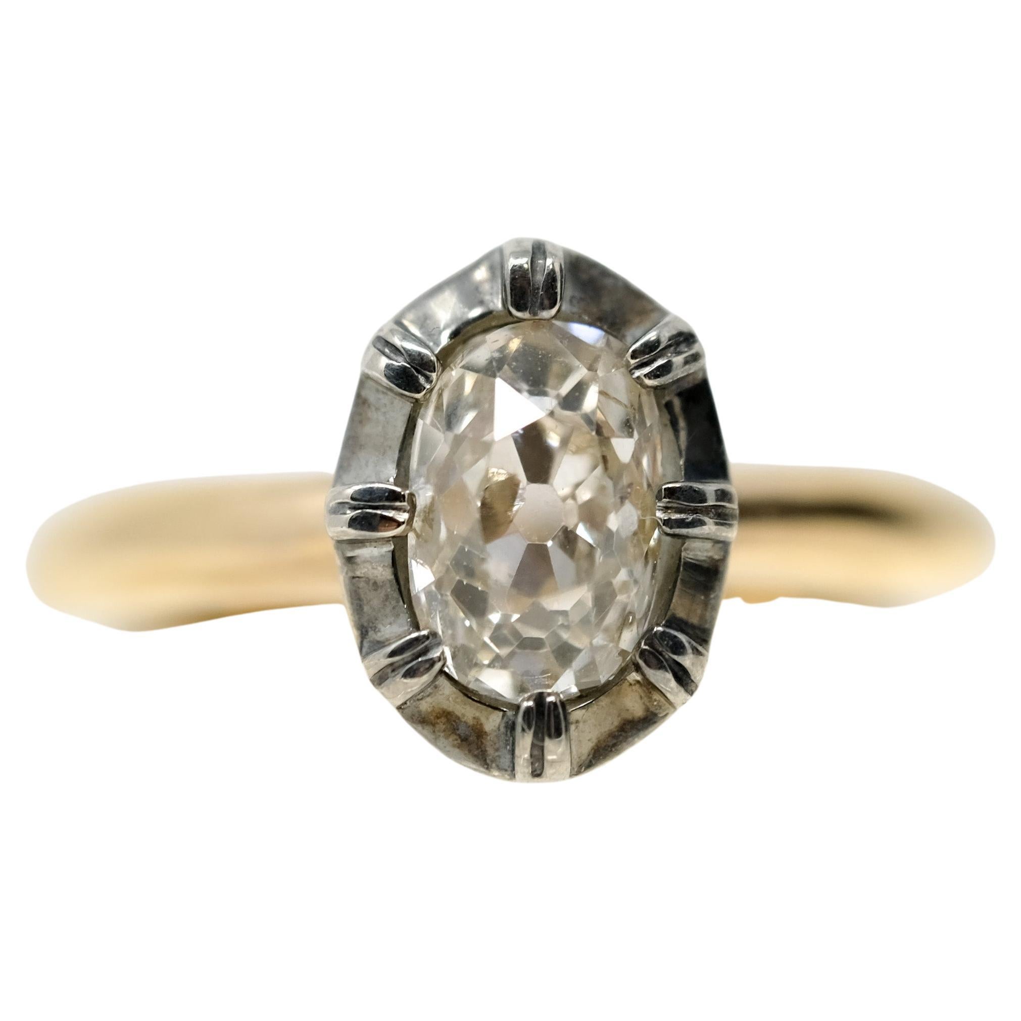 1.35 Carat Reclaimed Old Mine Cut Diamond Ring in 19k Gold Collet Setting For Sale