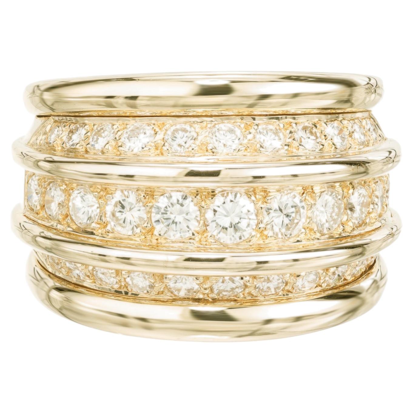 1.35 Carat Round Diamond 18k Yellow Gold Three Row Band Ring