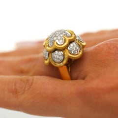 1.35 Carat Round Diamond Pave 18K Two Tone Gold Floral Dome Cocktail Ring