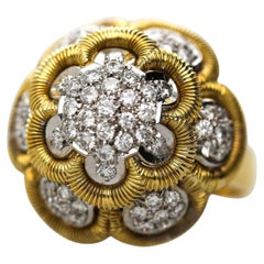 1.35 Carat Round Diamond Pave 18K Two Tone Gold Floral Dome Cocktail Ring