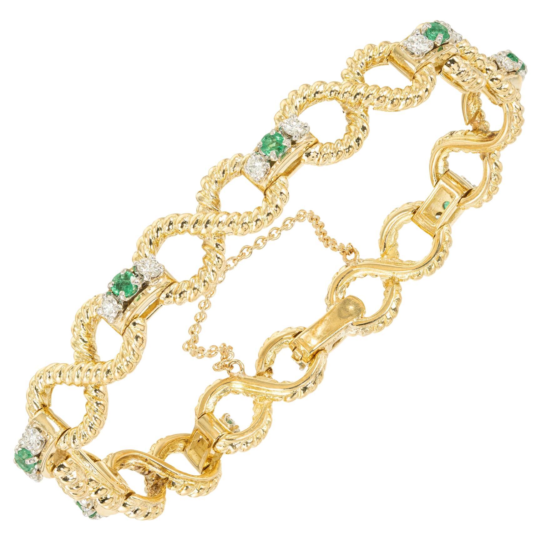 1.35 Carat Round Emerald Round Diamond Gold Infinity Link Bracelet For Sale