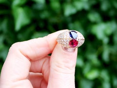 1.35 Carat Ruby and 1.28 Carat Sapphire 1.75 Carat Diamond and Yellow Gold Ring