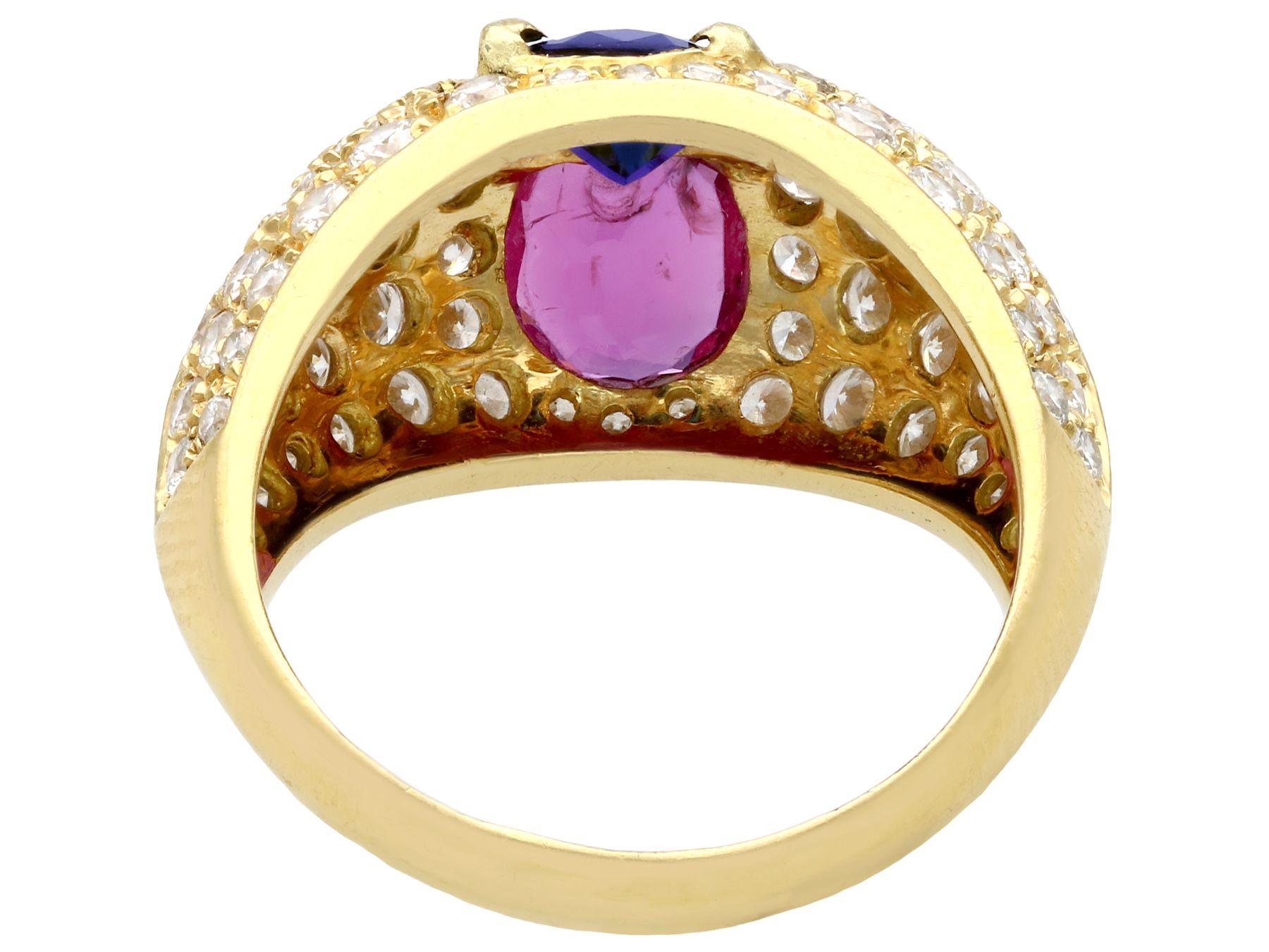 Round Cut 1.35 Carat Ruby and 1.28 Carat Sapphire 1.75 Carat Diamond and Yellow Gold Ring For Sale