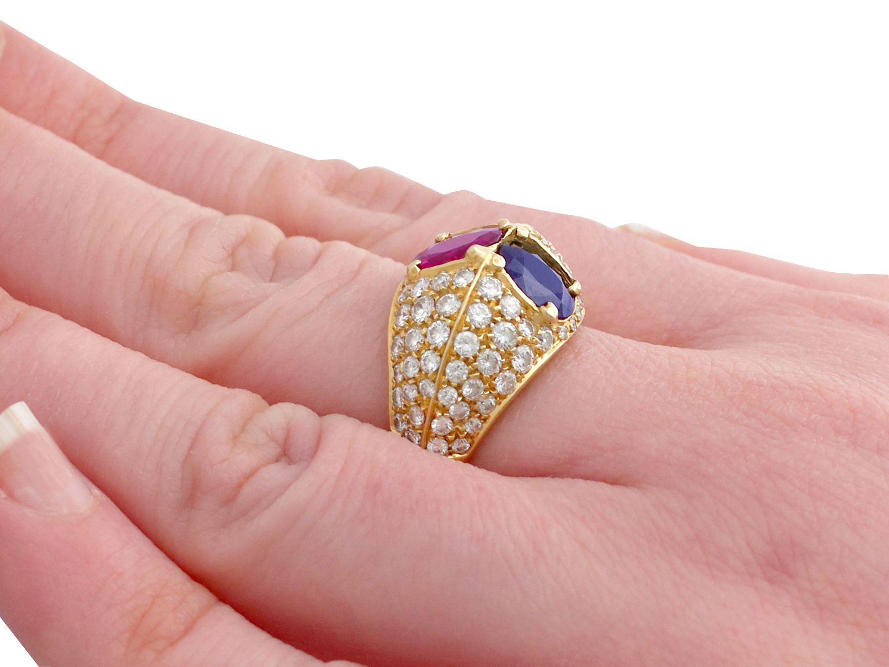 1.35 Carat Ruby and 1.28 Carat Sapphire 1.75 Carat Diamond and Yellow Gold Ring For Sale 1