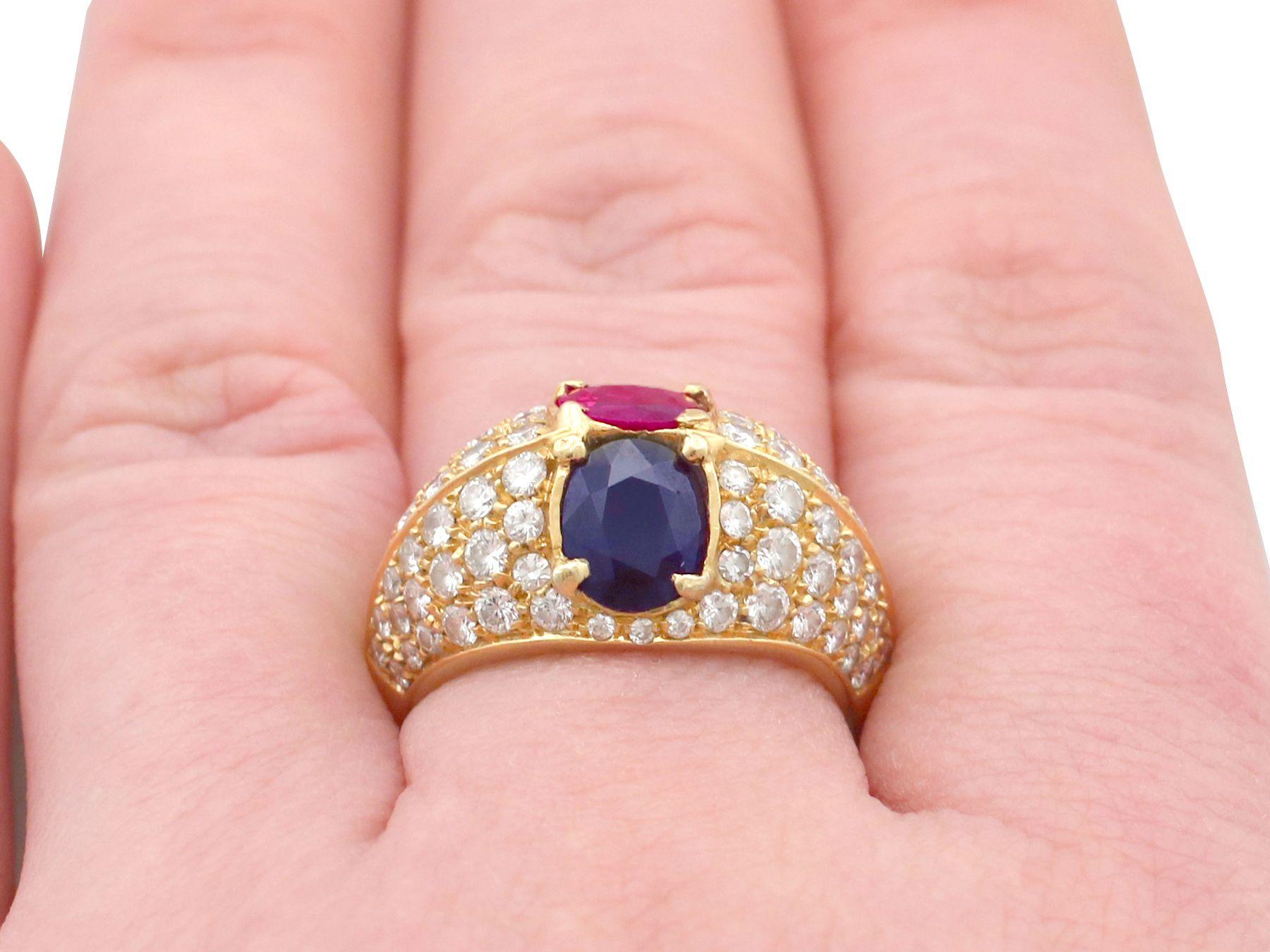 1.35 Carat Ruby and 1.28 Carat Sapphire 1.75 Carat Diamond and Yellow Gold Ring For Sale 2