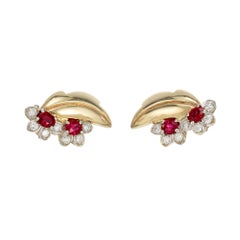 1.35 Carat Ruby Diamond Gold Flower Leaf Design Clip Post Earrings