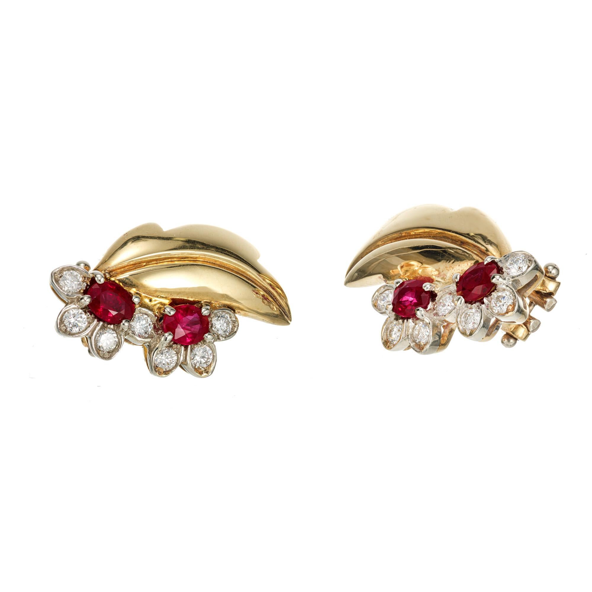 Oval Cut 1.35 Carat Ruby Diamond Gold Flower Leaf Design Clip Post Earrings For Sale