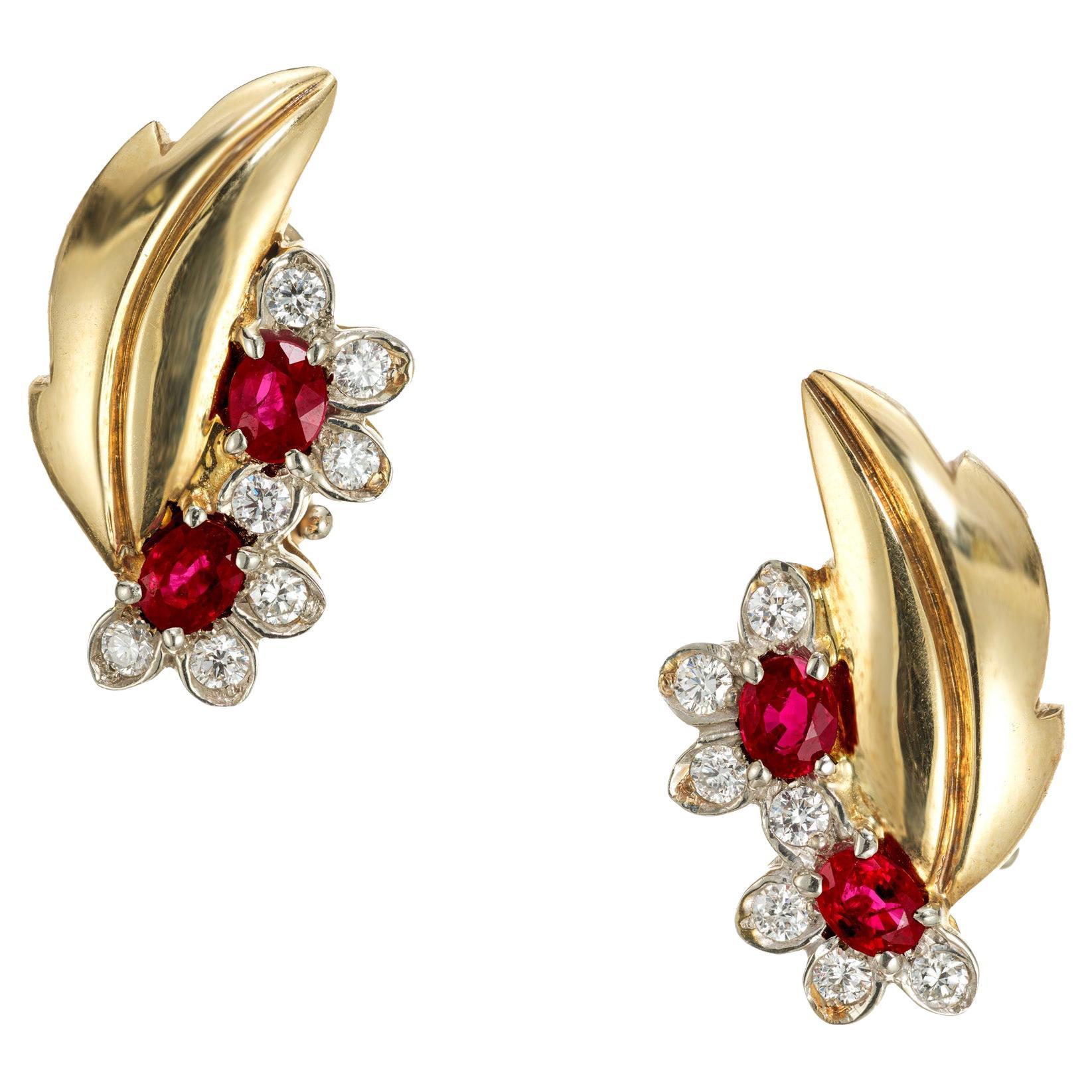 1.35 Carat Ruby Diamond Gold Flower Leaf Design Clip Post Earrings For Sale