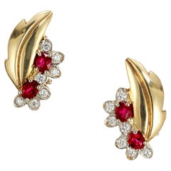 Retro 1.35 Carat Ruby Diamond Gold Flower Leaf Design Clip Post Earrings