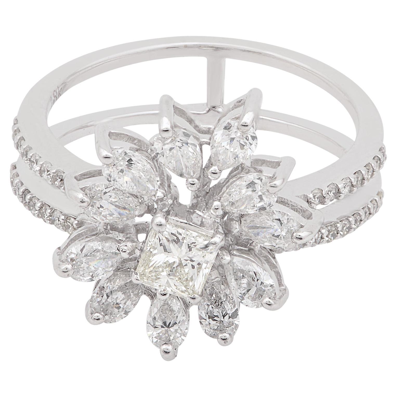 Bague fleur en diamant de 1,35 carat, pureté SI, couleur HI, or blanc 18 carats, joaillerie fine