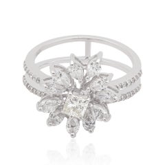 1,35 Carati SI Chiarezza HI Colore Anello con fiore di diamante in oro bianco 18k Gioielli di pregio