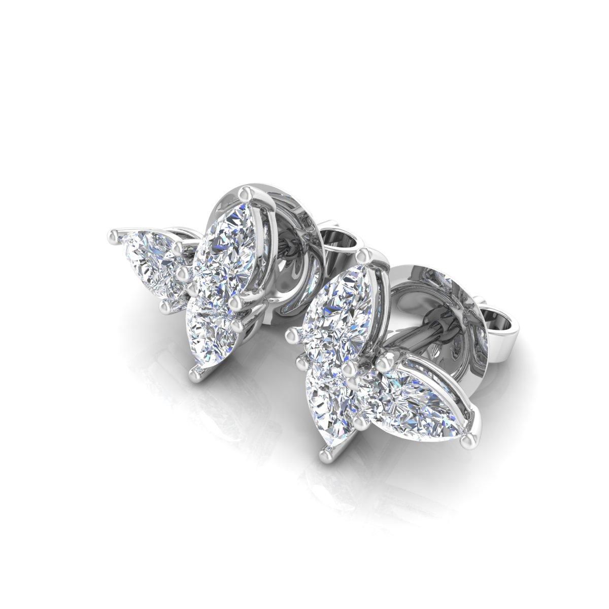 Taille poire 1.35 Carat SI Clarity HI Color Three Diamond Stud Earrings 18 Karat White Gold en vente