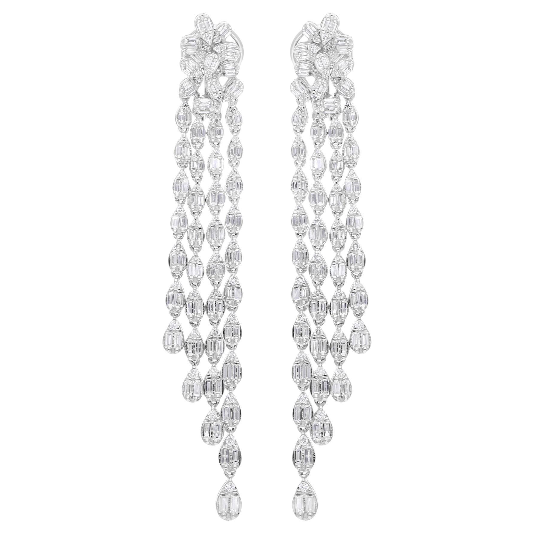 1.35 Carat SI/H Baguette Round Diamond Chandelier Earrings 14 Karat White Gold