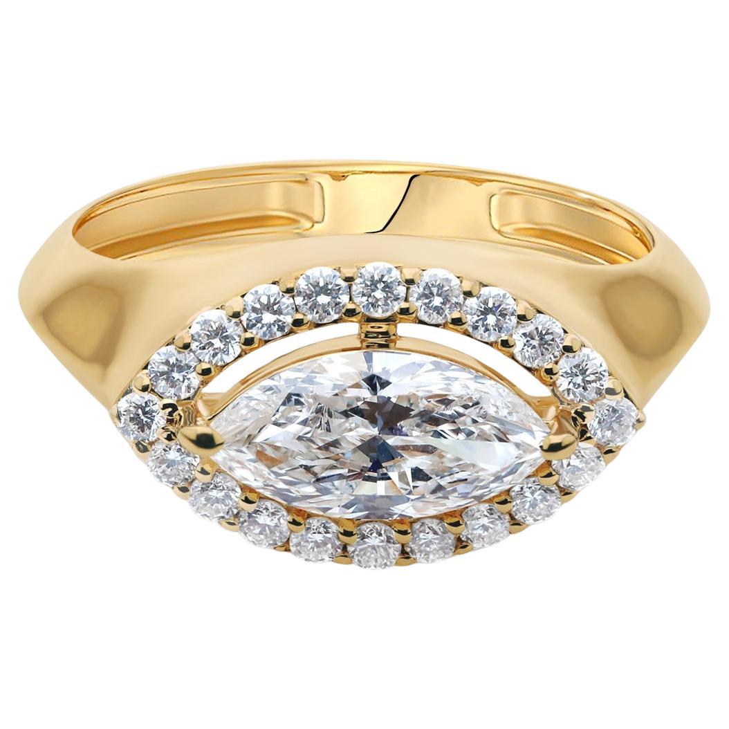1.35 Carat SI/H Diamond Halo Marquise Shape Wedding Ring 18 Karat Yellow Gold